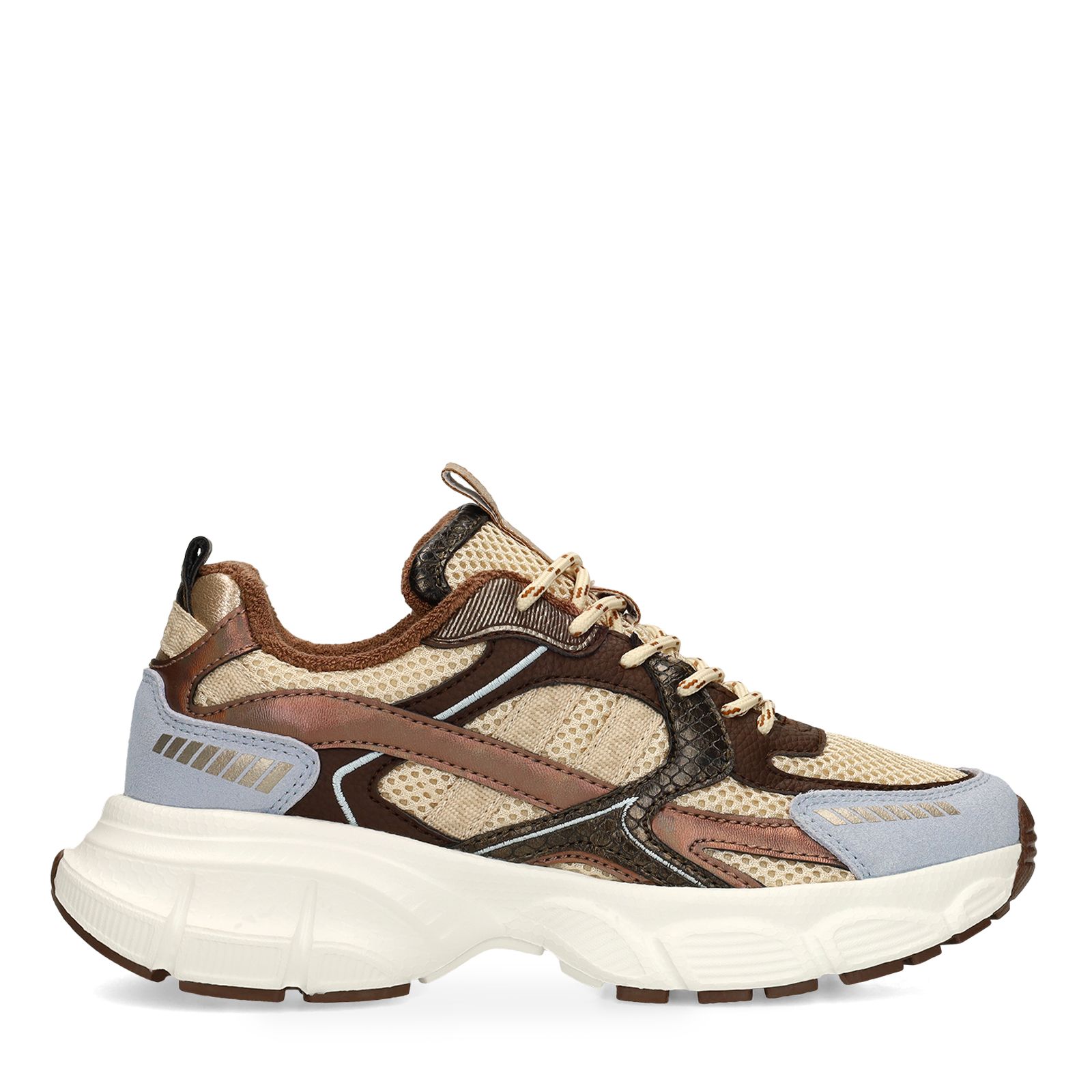 Beigefarbene Mesh-Sneaker mit braunen und blauen Details
