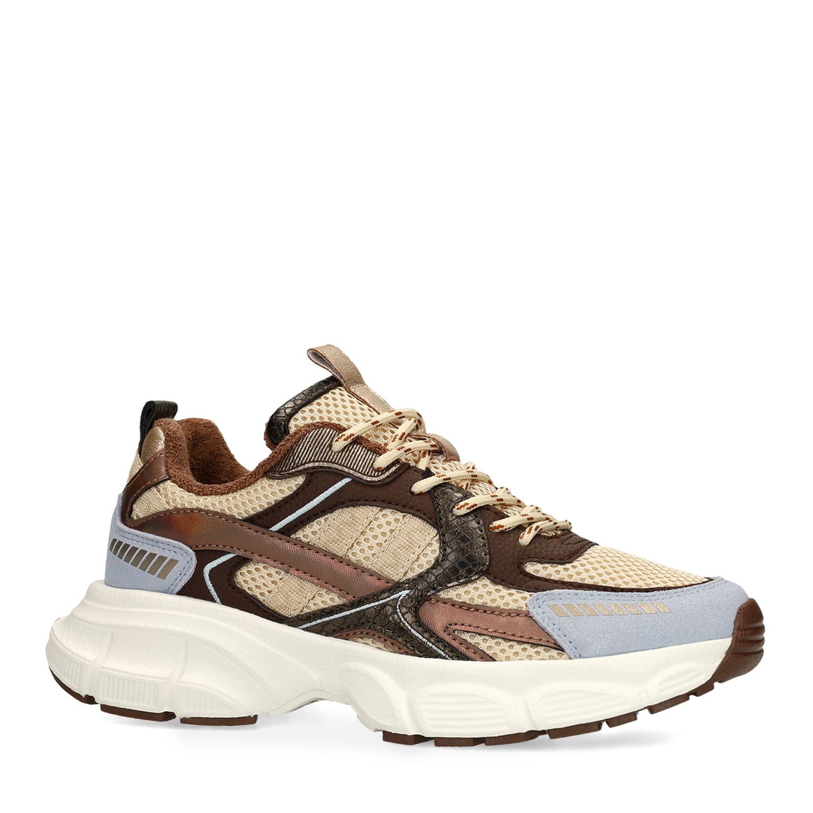 Beigefarbene Mesh-Sneaker mit braunen und blauen Details