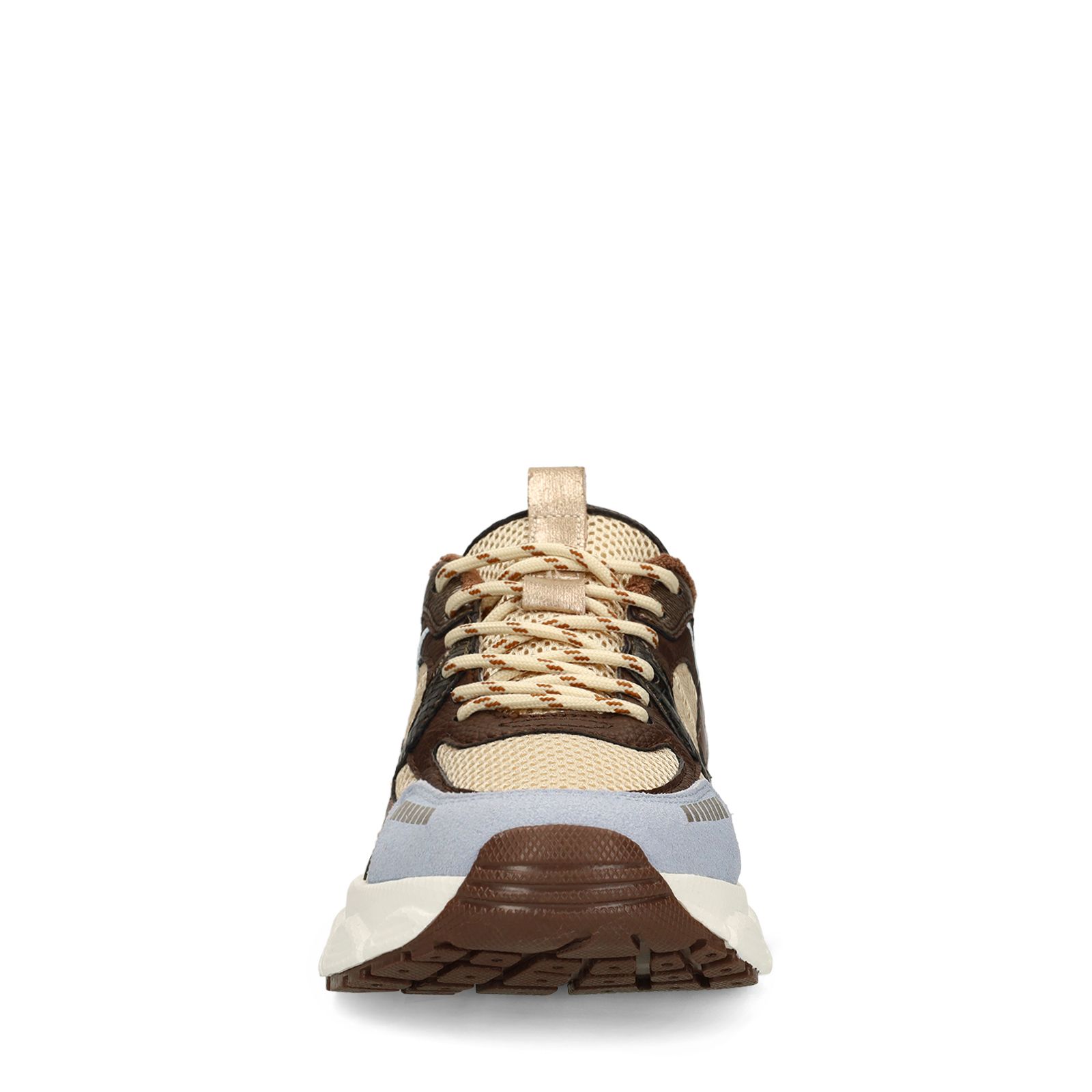 Beigefarbene Mesh-Sneaker mit braunen und blauen Details