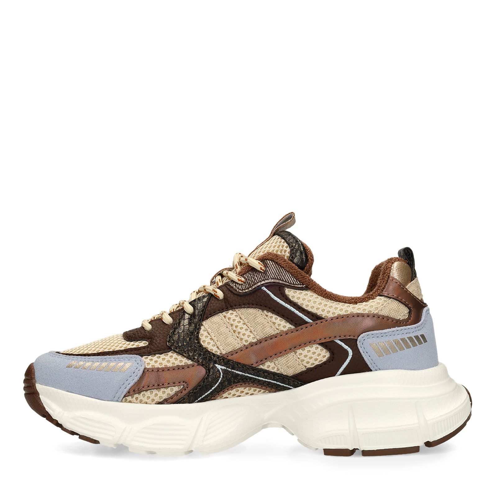 Beigefarbene Mesh-Sneaker mit braunen und blauen Details