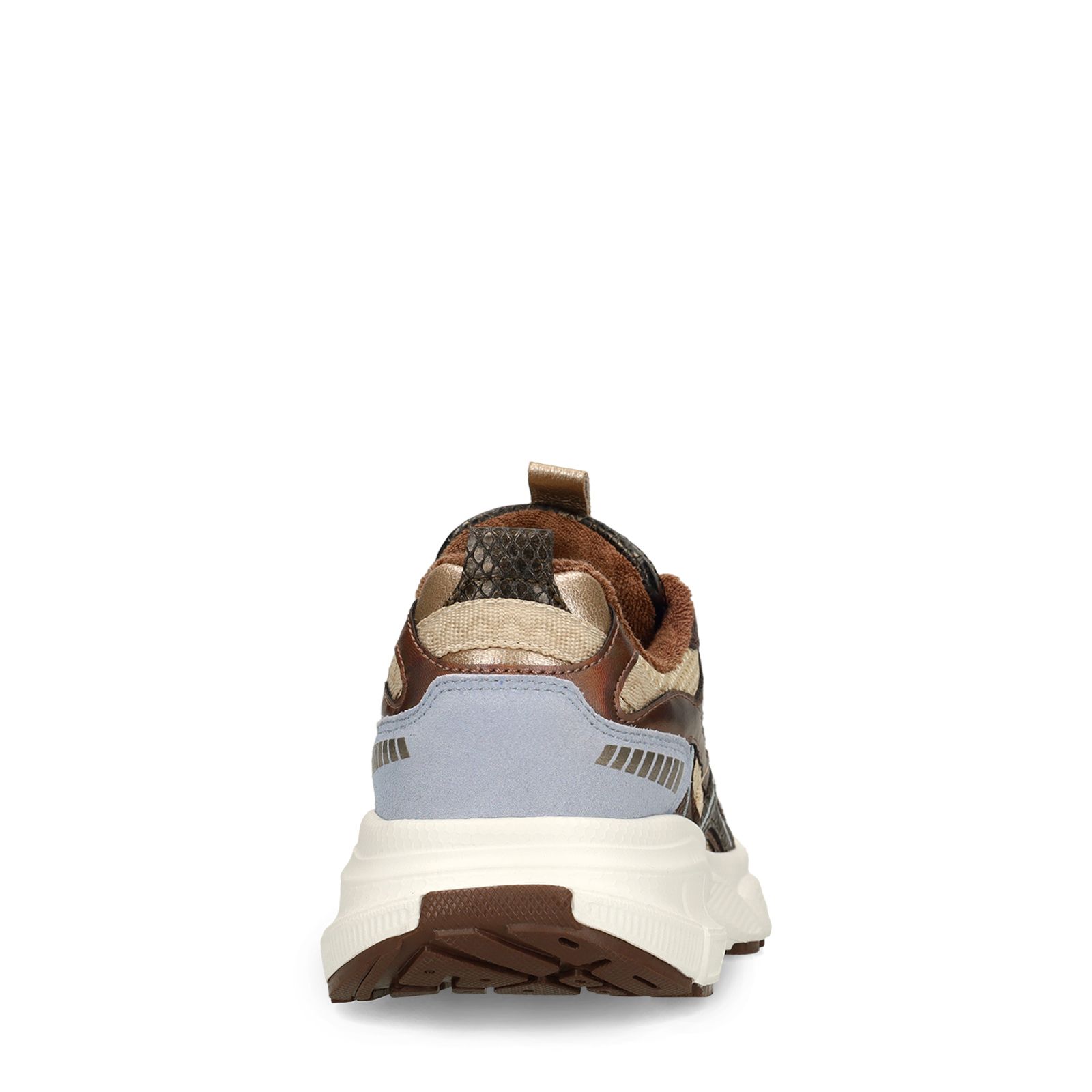 Beigefarbene Mesh-Sneaker mit braunen und blauen Details