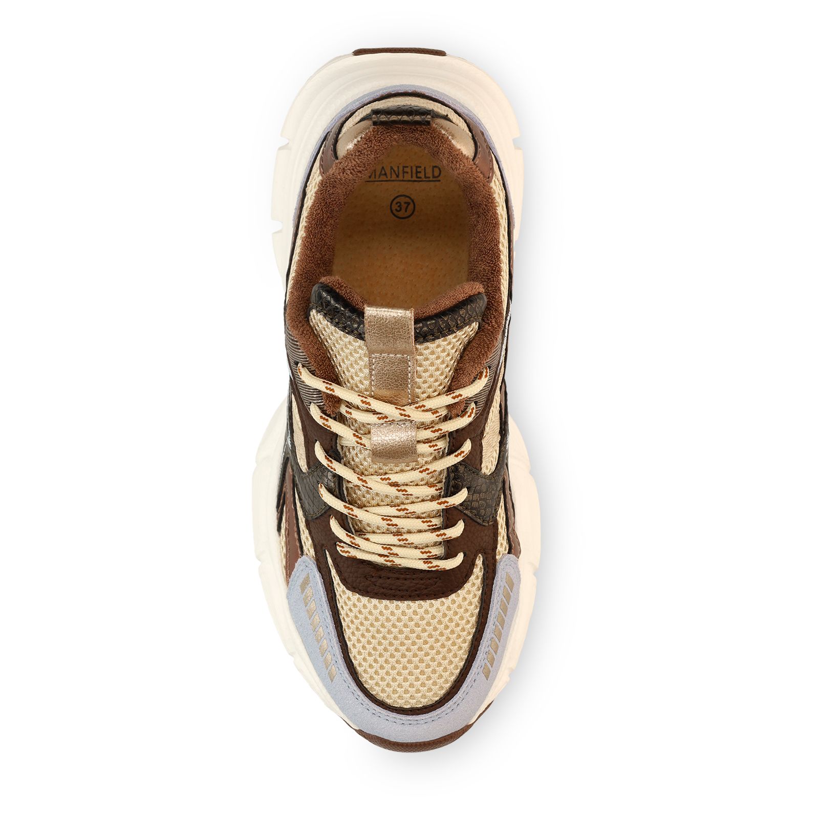 Beigefarbene Mesh-Sneaker mit braunen und blauen Details