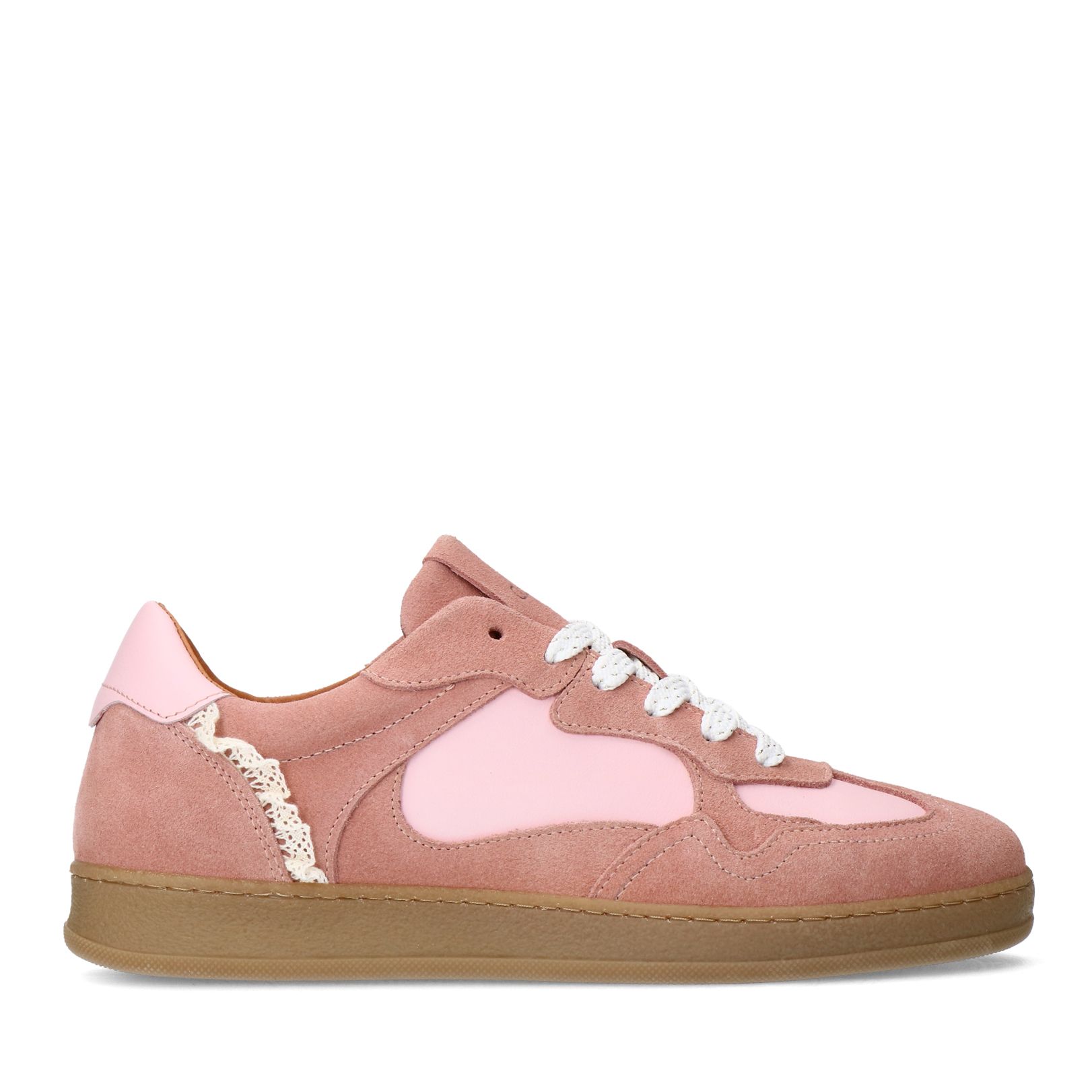 Roséfarbene Veloursleder-Sneaker mit Spitze