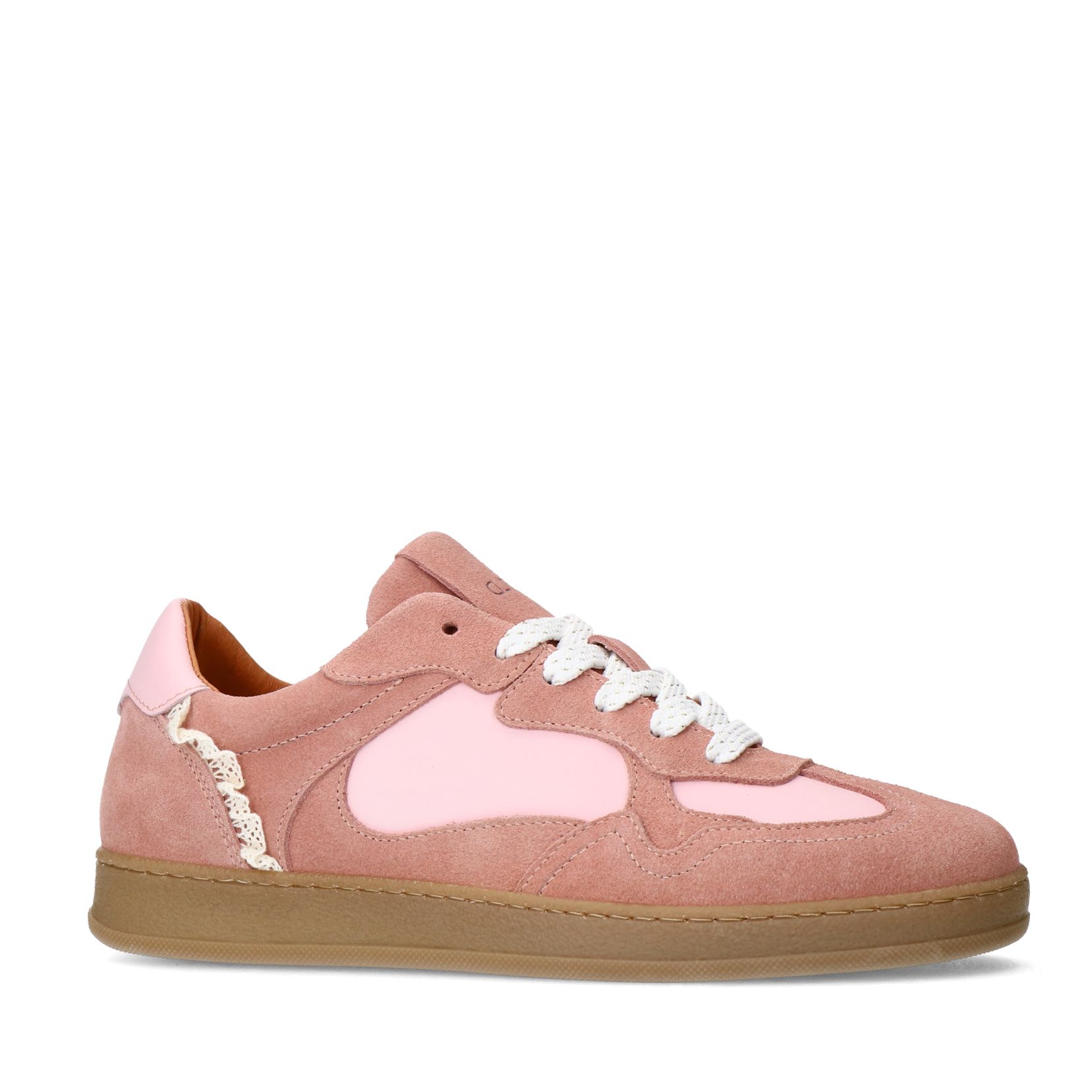 Roséfarbene Veloursleder-Sneaker mit Spitze