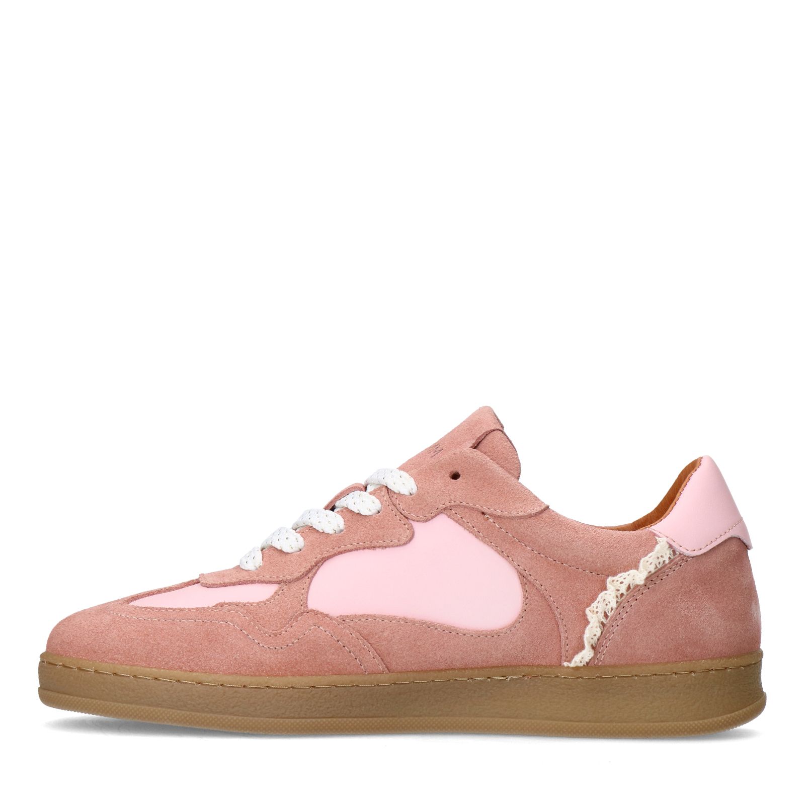 Roséfarbene Veloursleder-Sneaker mit Spitze