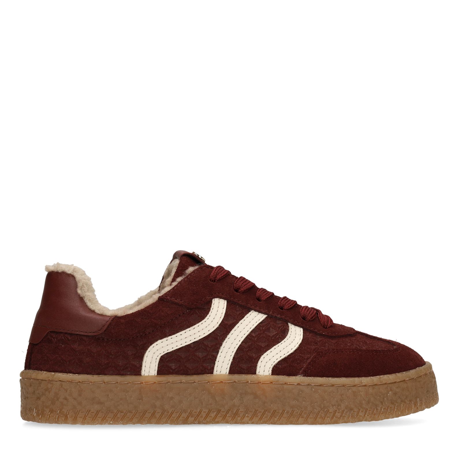 Bordeauxrote Veloursleder-Sneaker mit Kunstfellfutter