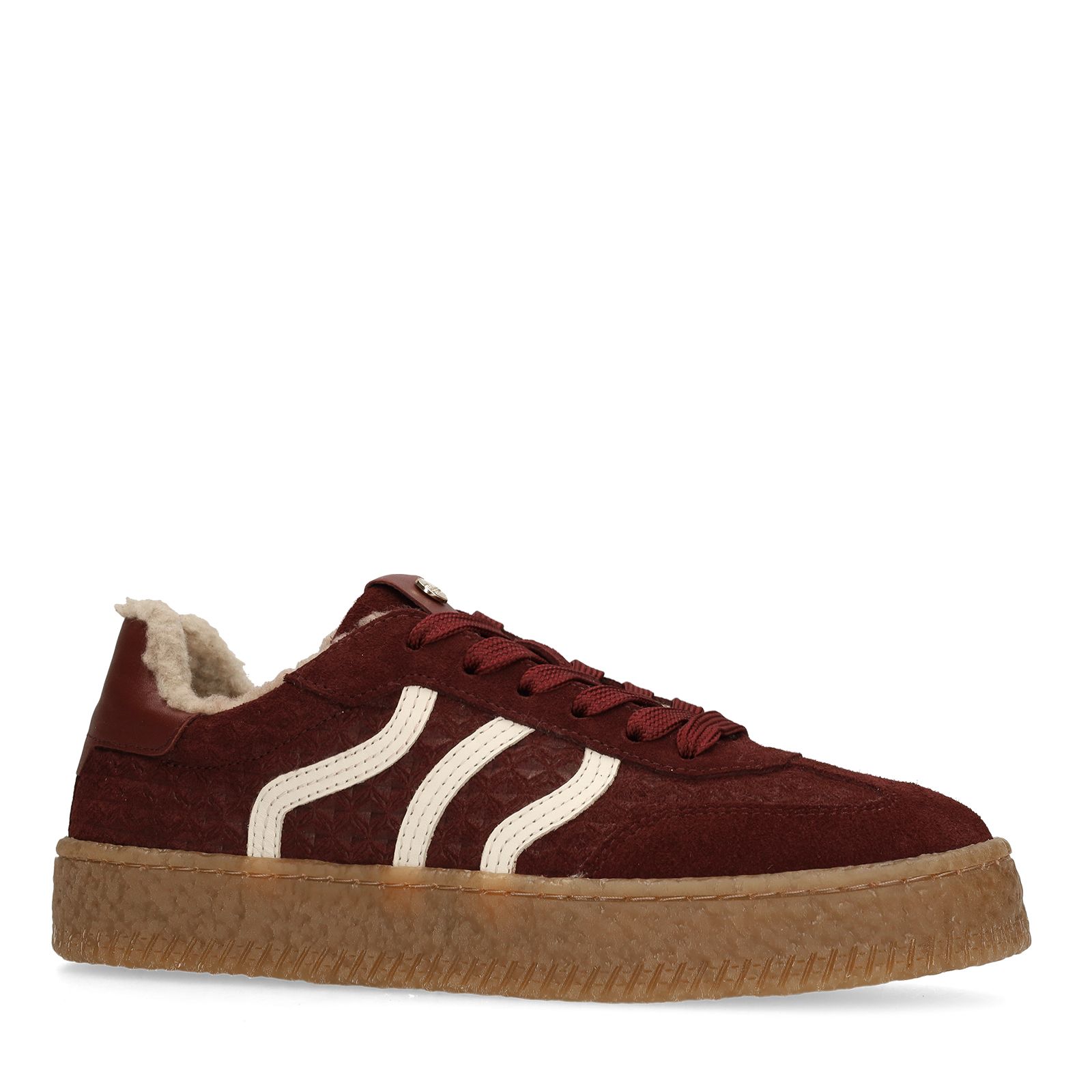 Bordeauxrote Veloursleder-Sneaker mit Kunstfellfutter
