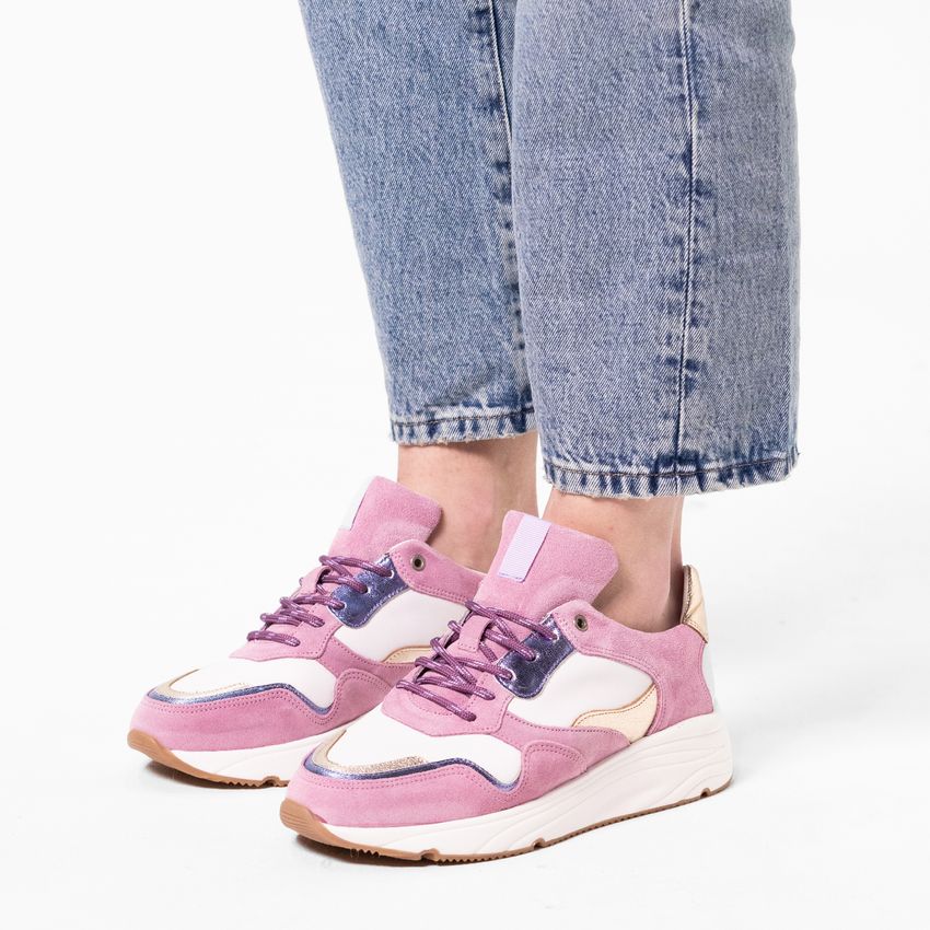 Roze leren sneakers met metallic details