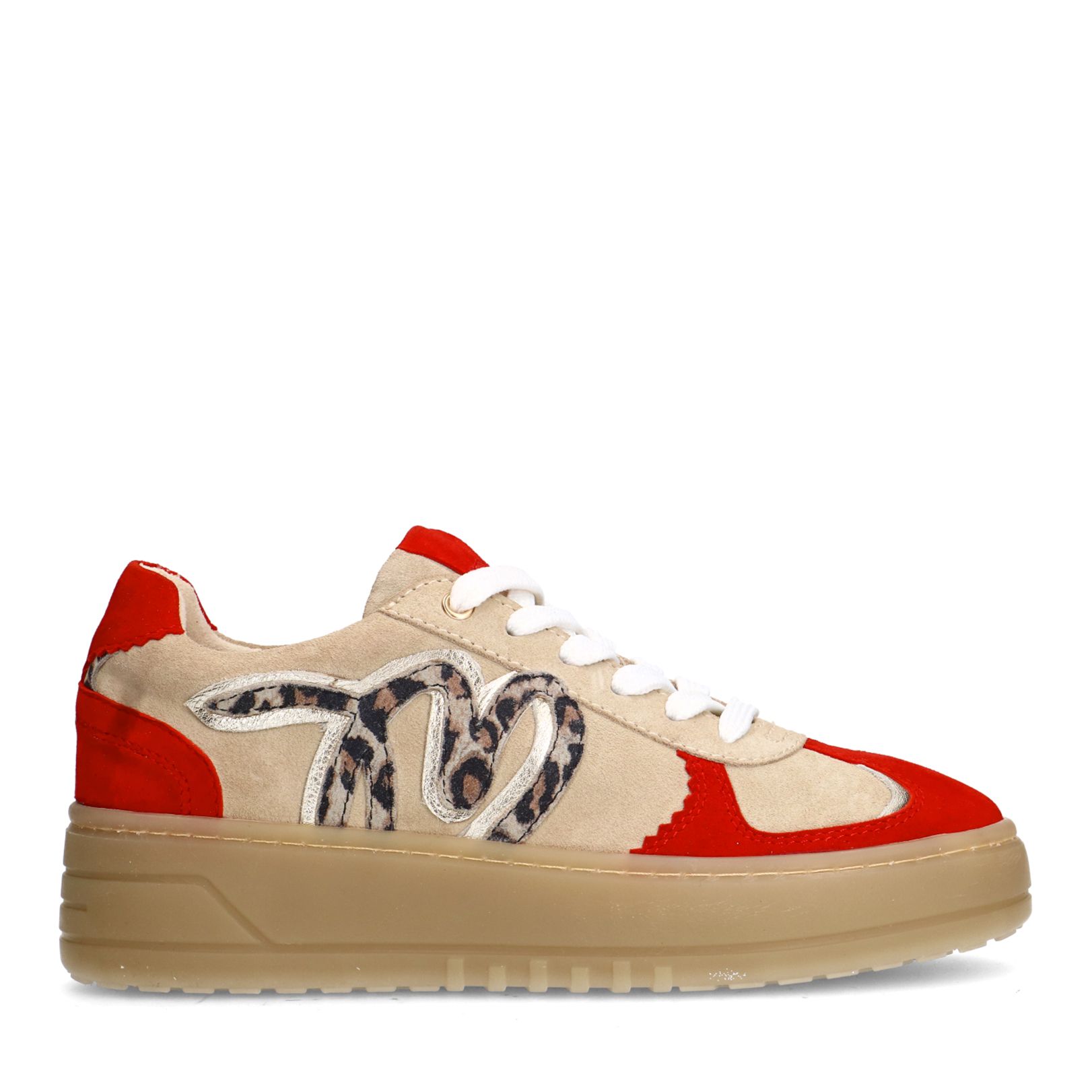 Beigefarbene Veloursleder-Sneaker mit roten Details
