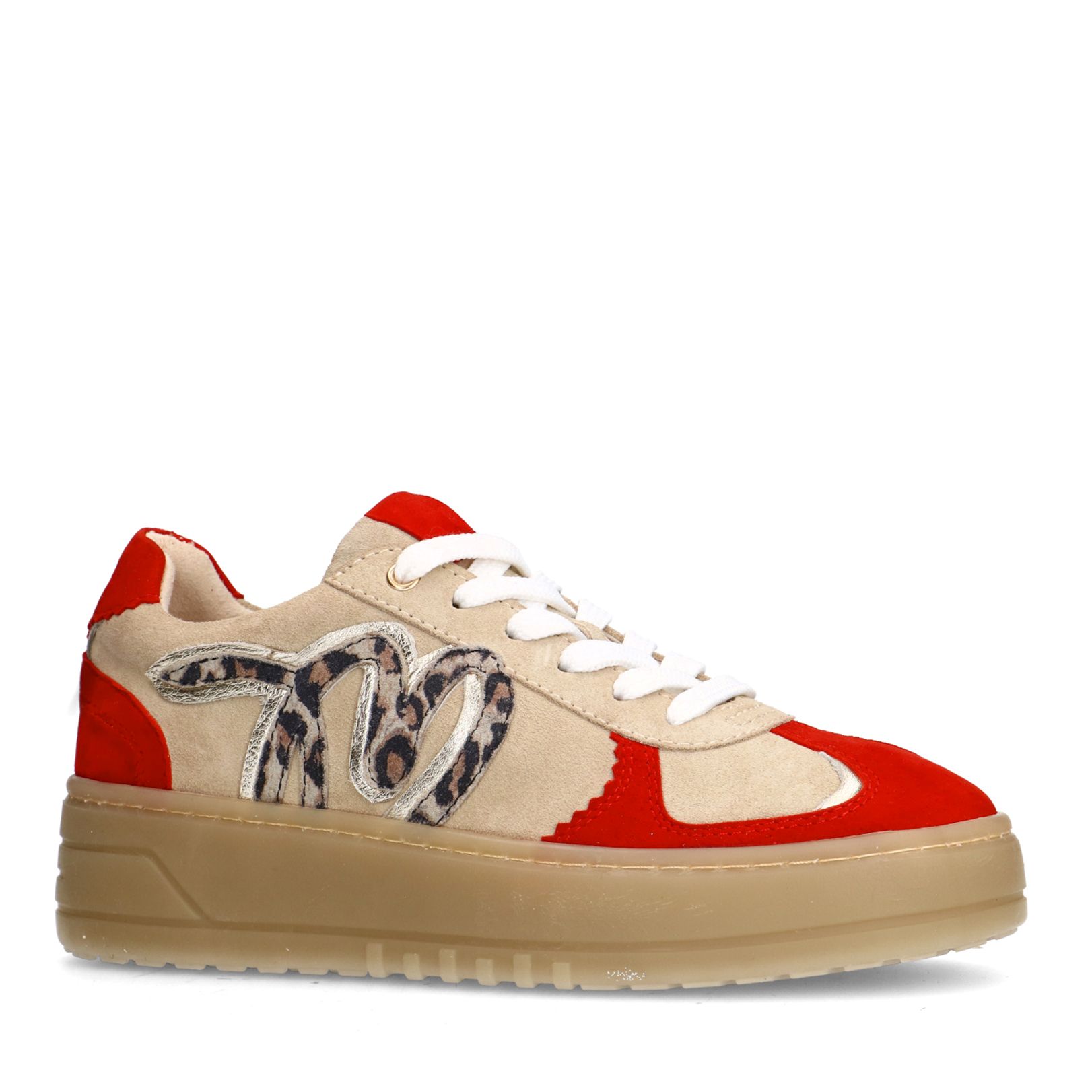 Beige suède sneakers met rode details