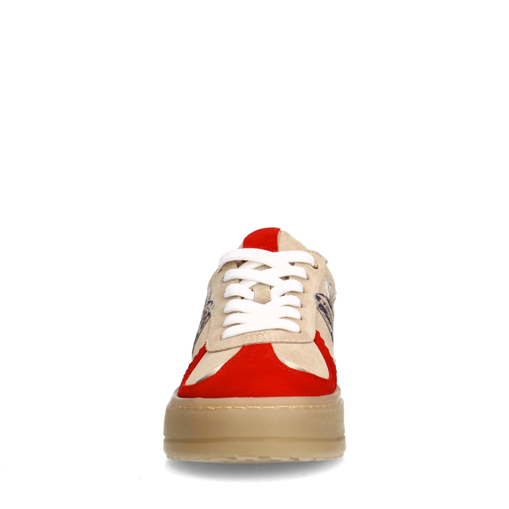 Beigefarbene Veloursleder-Sneaker mit roten Details