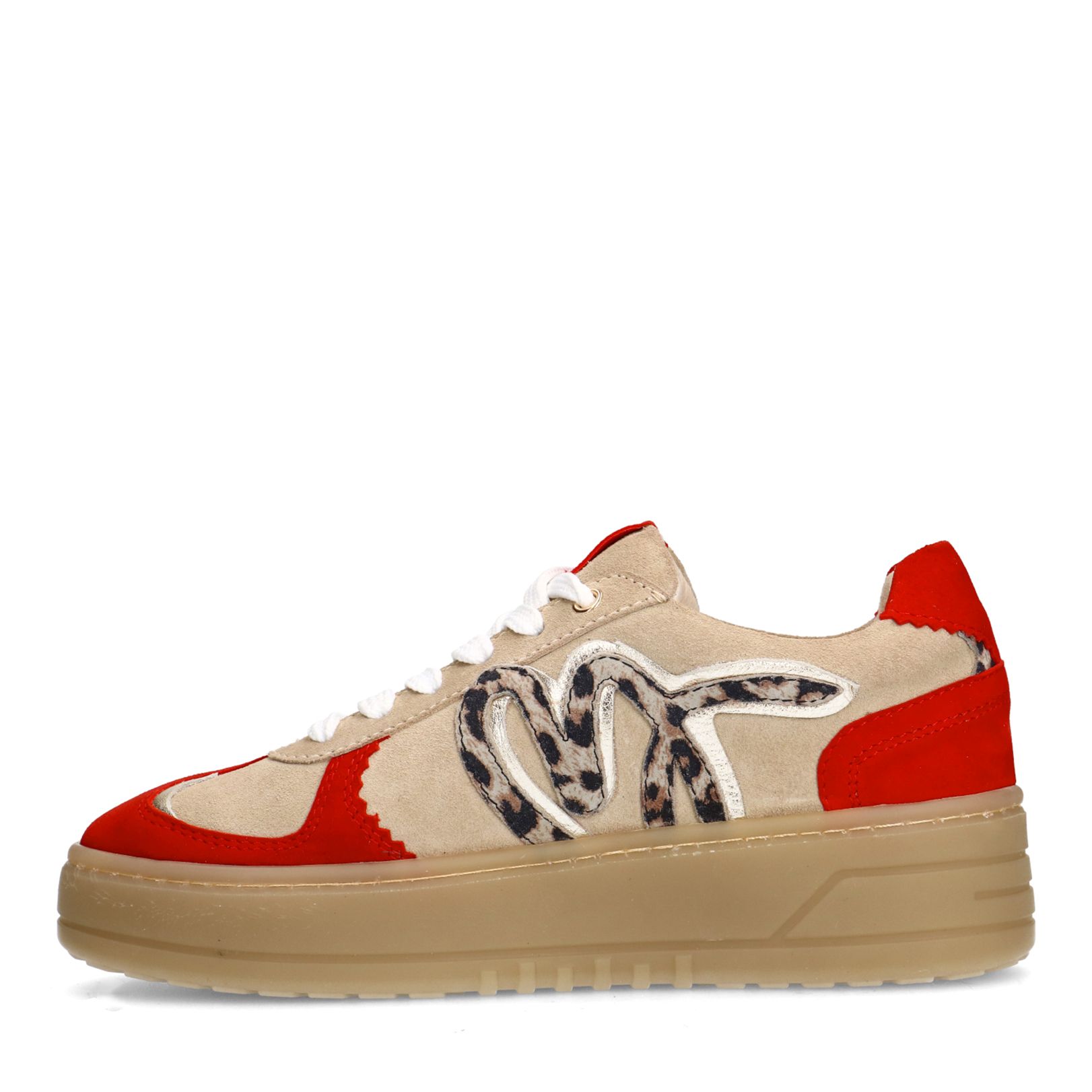 Beige suède sneakers met rode details