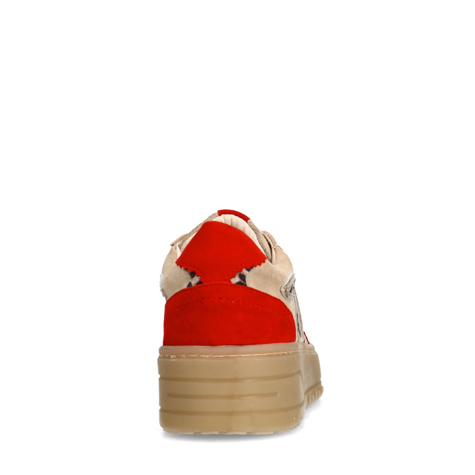 Beige suède sneakers met rode details