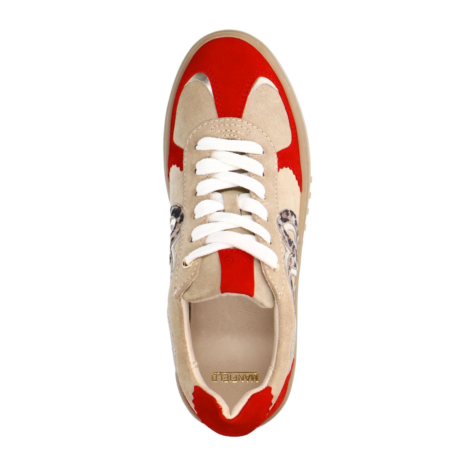 Beige suède sneakers met rode details