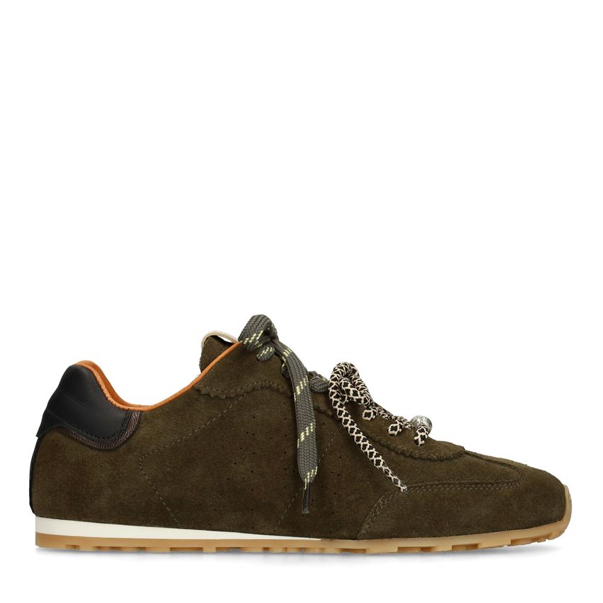 Dunkelgrüne Veloursleder-Sneaker mit doppelten Schnürsenkeln