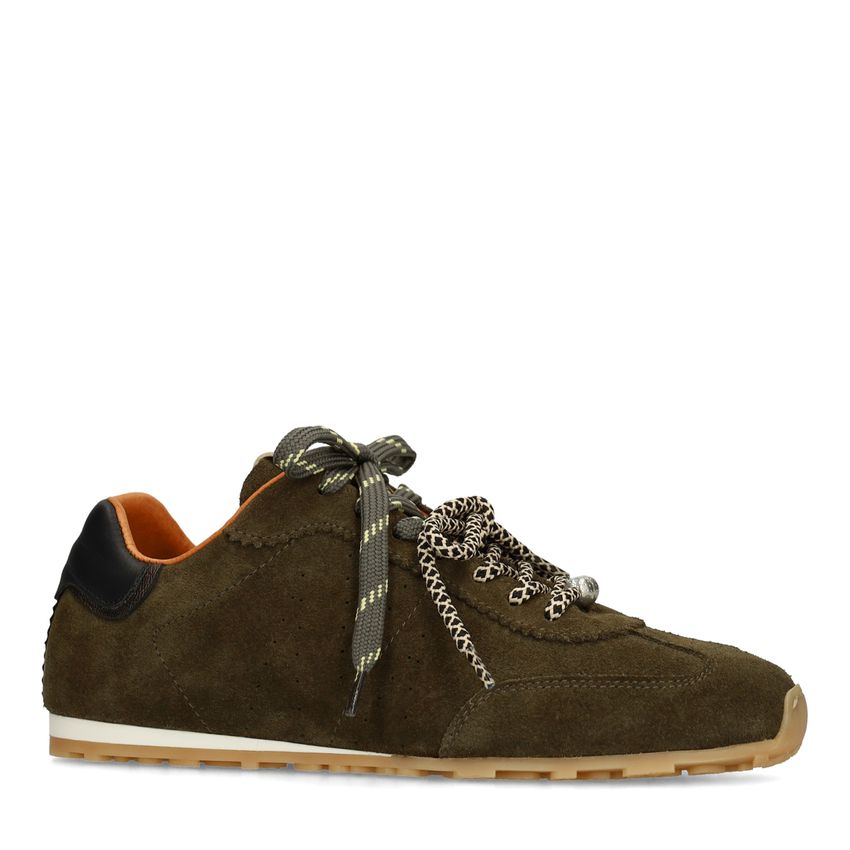 Dunkelgrüne Veloursleder-Sneaker mit doppelten Schnürsenkeln