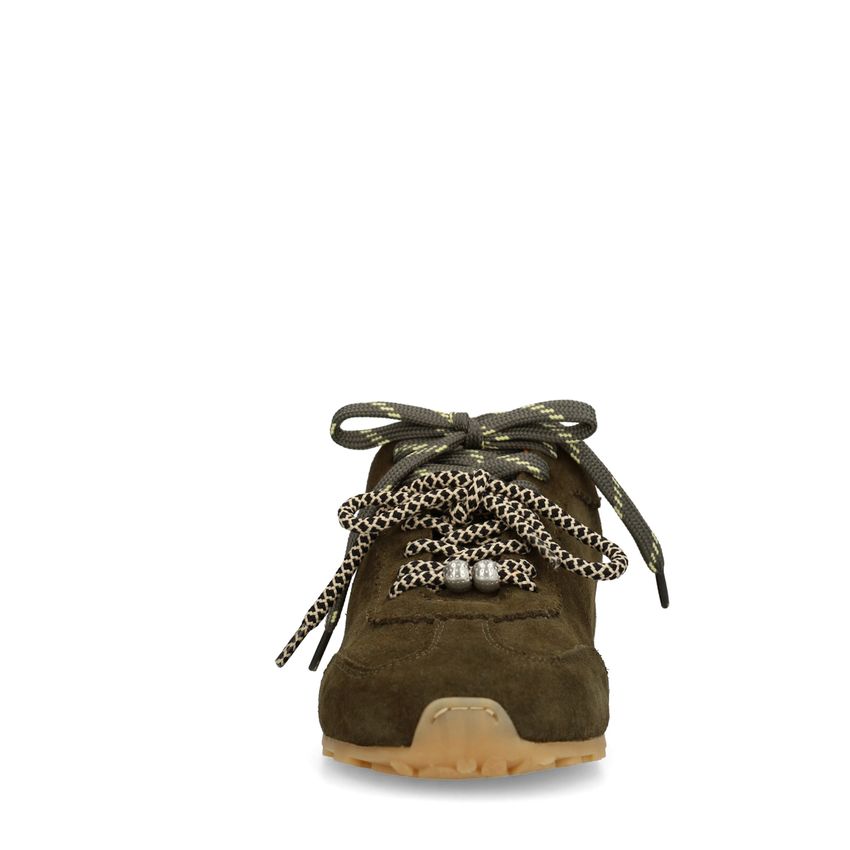Dunkelgrüne Veloursleder-Sneaker mit doppelten Schnürsenkeln