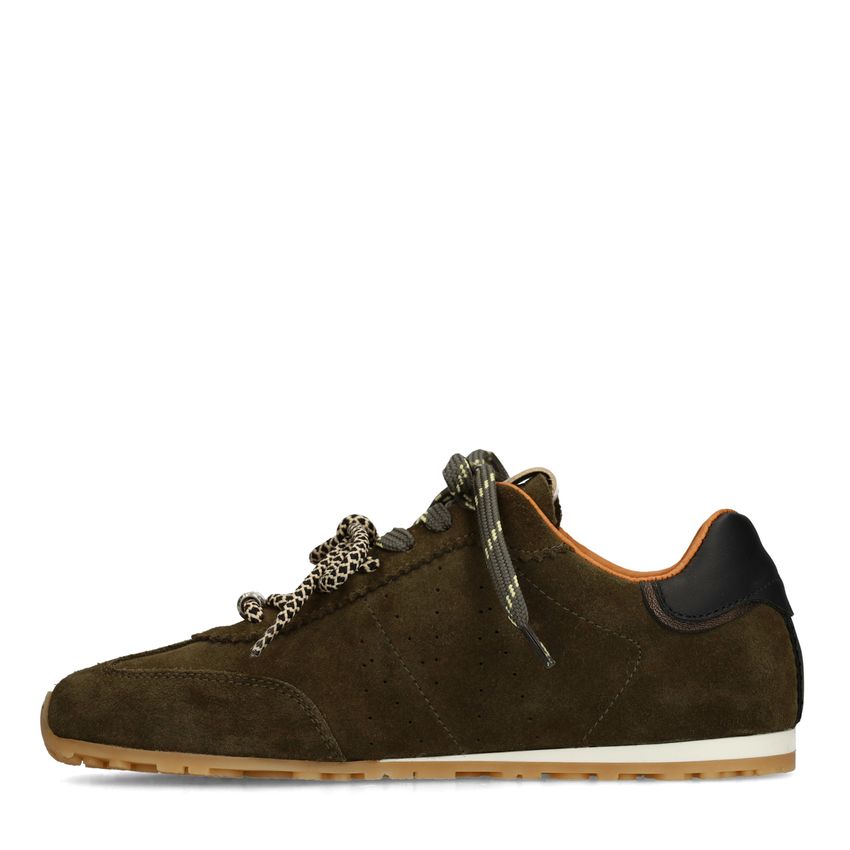 Dunkelgrüne Veloursleder-Sneaker mit doppelten Schnürsenkeln