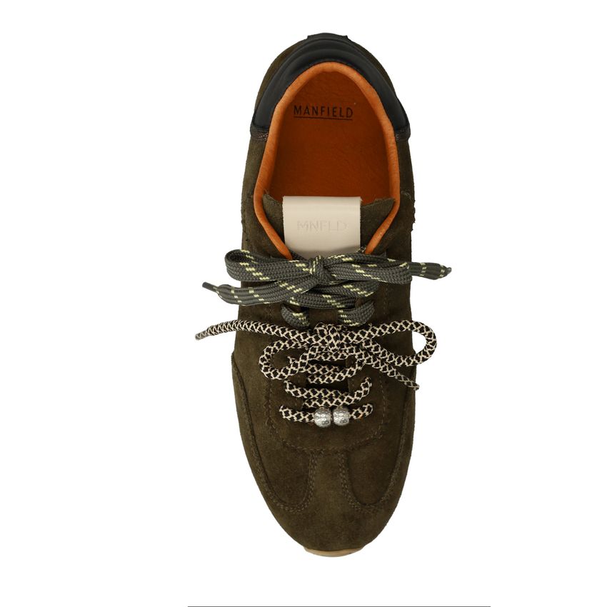 Dunkelgrüne Veloursleder-Sneaker mit doppelten Schnürsenkeln