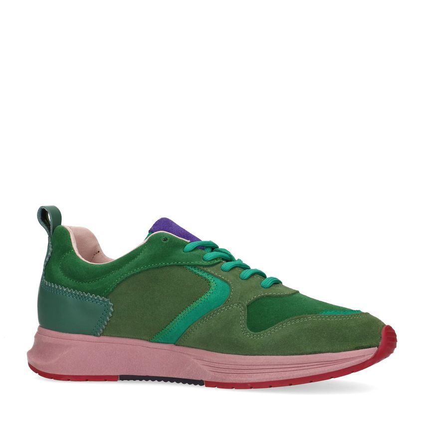 Grüne Veloursleder-Sneaker mit roséfarbener Sohle