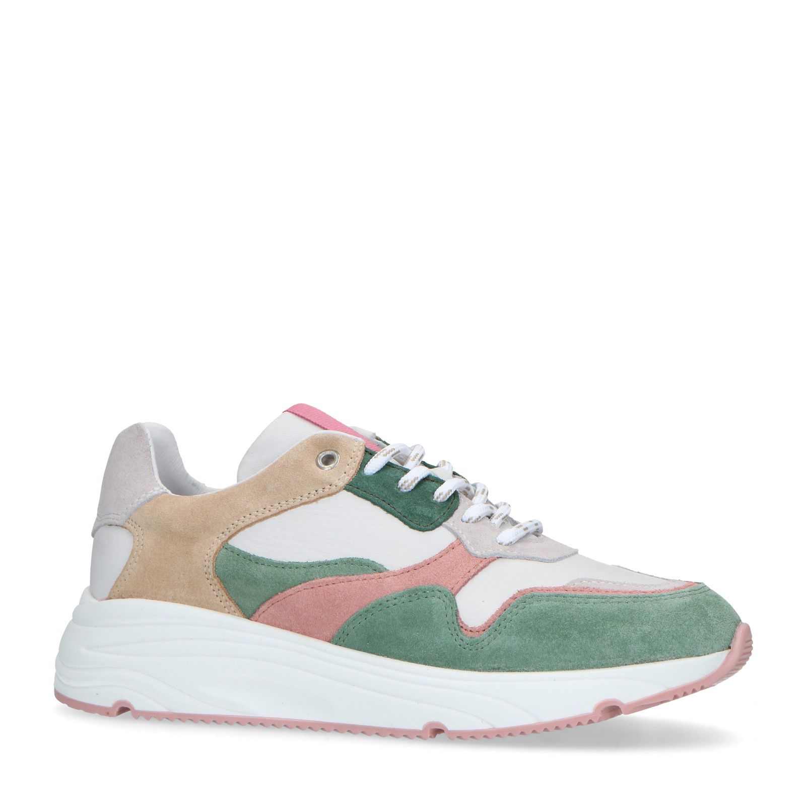 Groene suède sneakers met pasteltinten