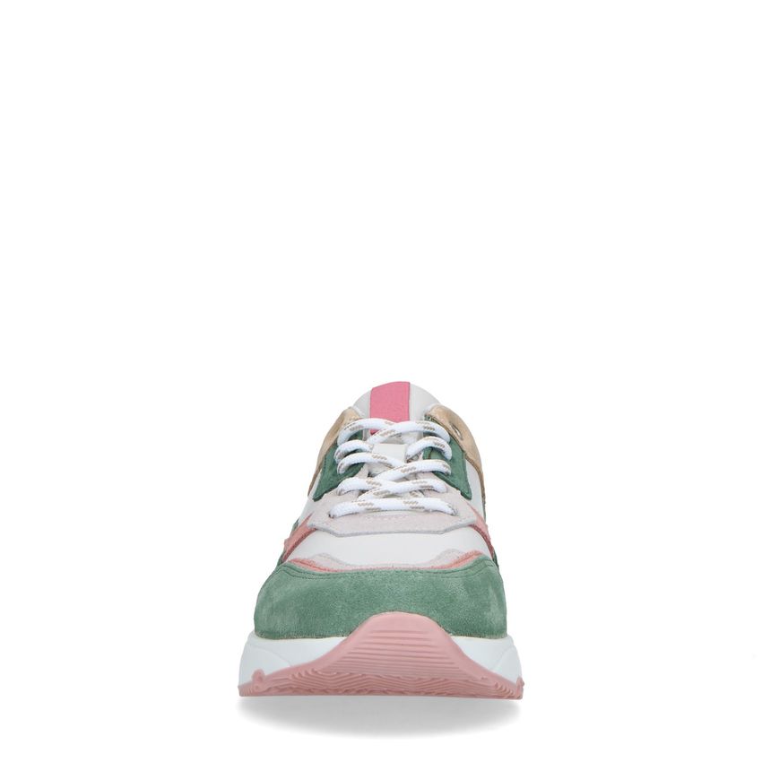 Grüne Veloursleder-Sneaker mit Pastell-Details