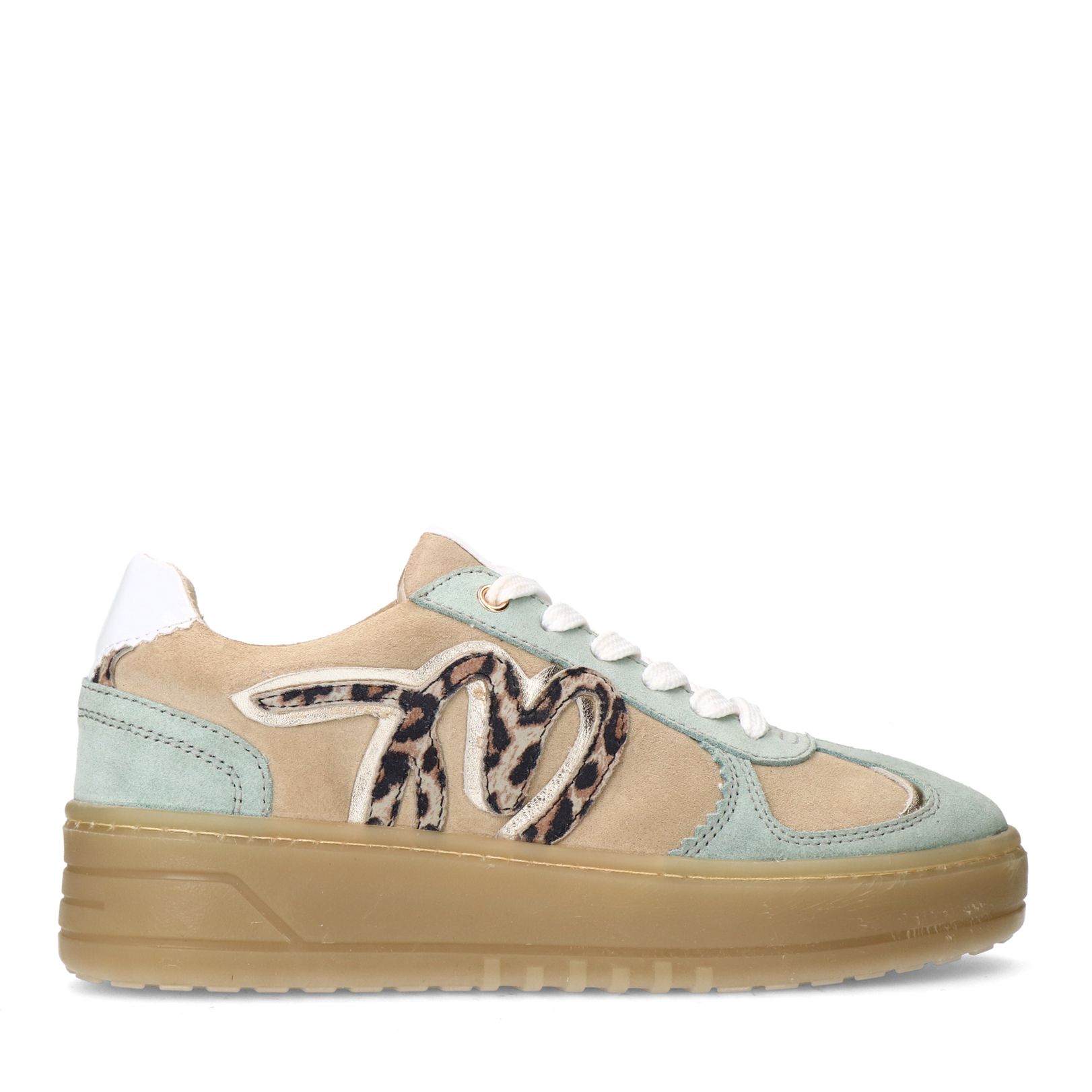 Beigefarbene Veloursleder-Sneaker mit mintgrünen Details