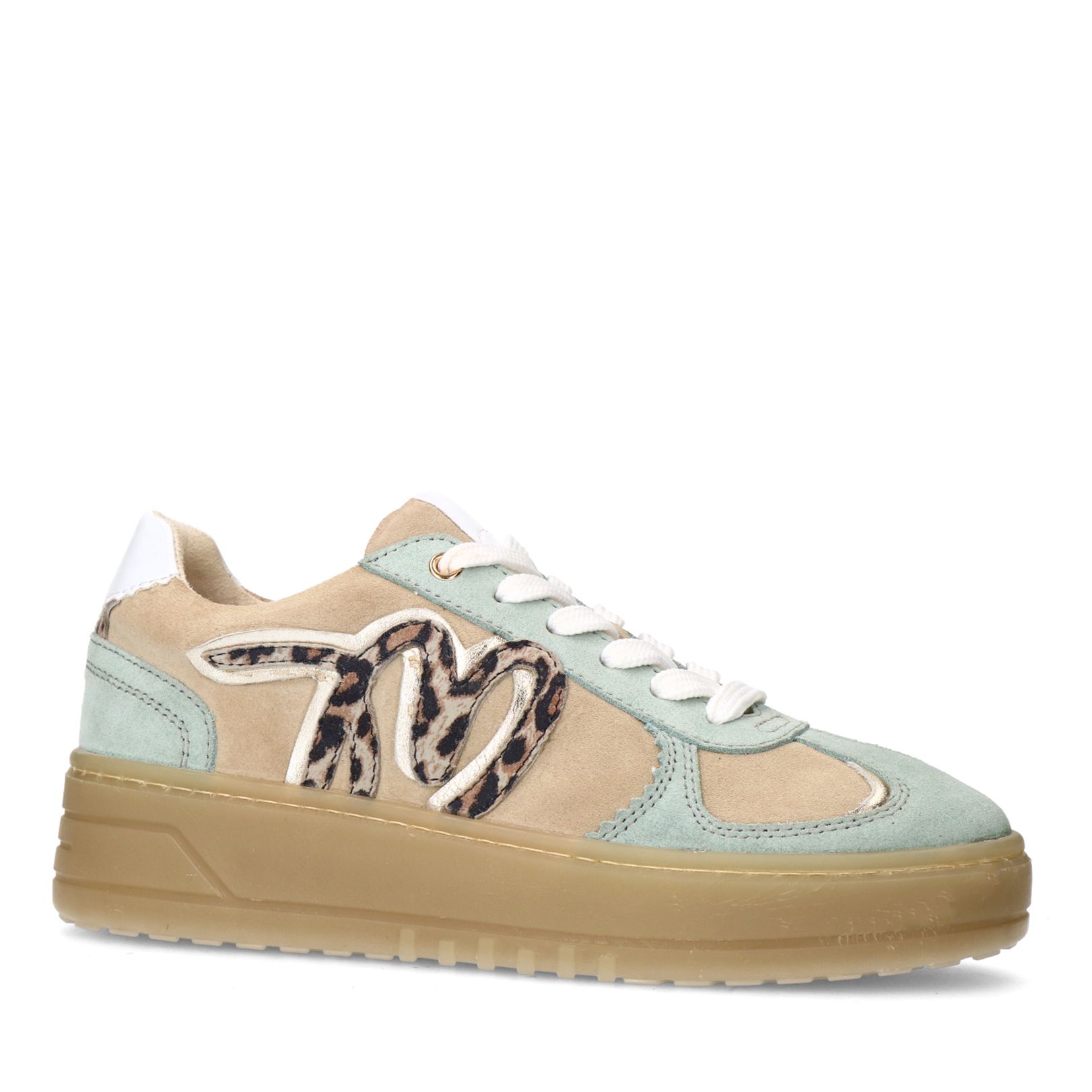 Beigefarbene Veloursleder-Sneaker mit mintgrünen Details