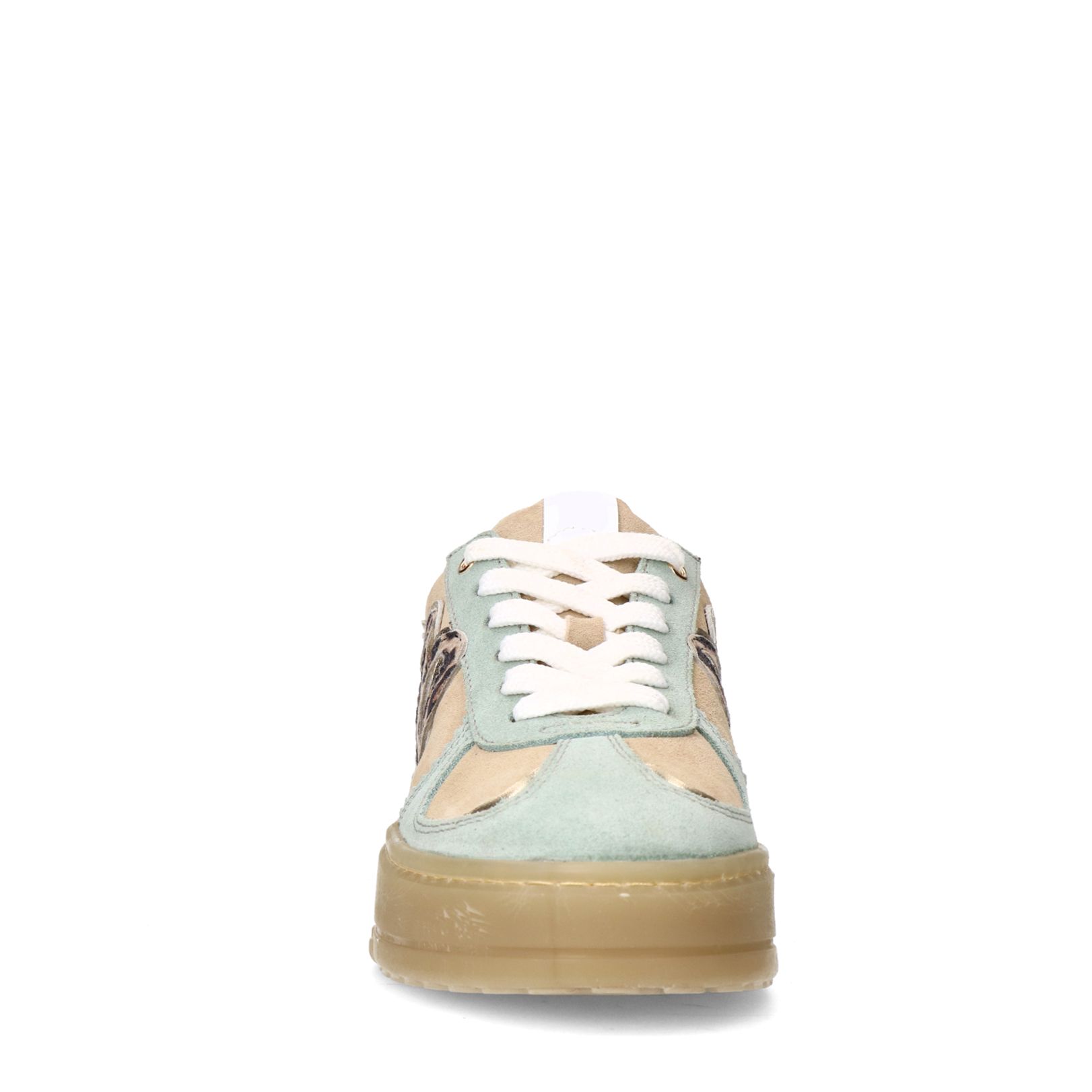 Beigefarbene Veloursleder-Sneaker mit mintgrünen Details