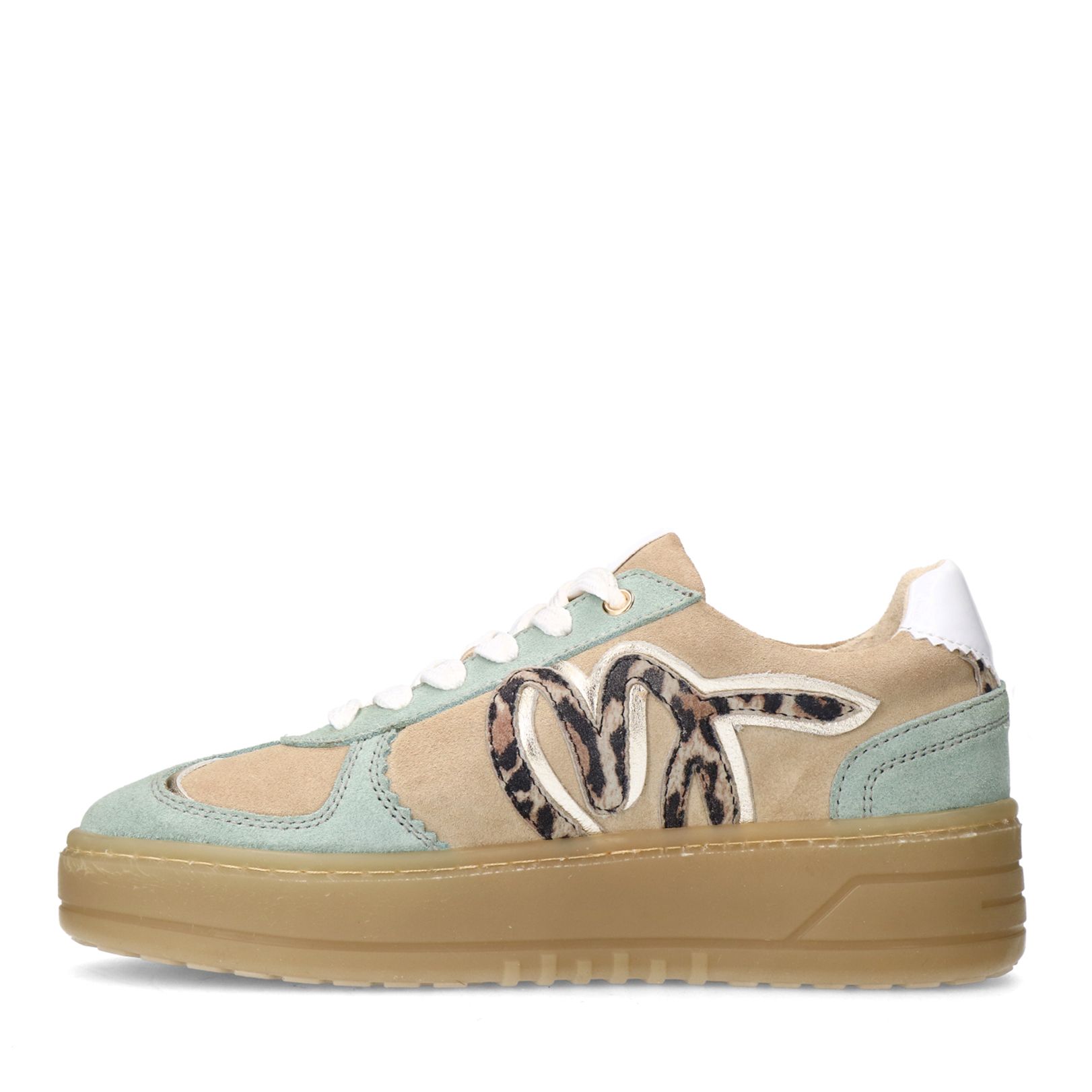 Beigefarbene Veloursleder-Sneaker mit mintgrünen Details