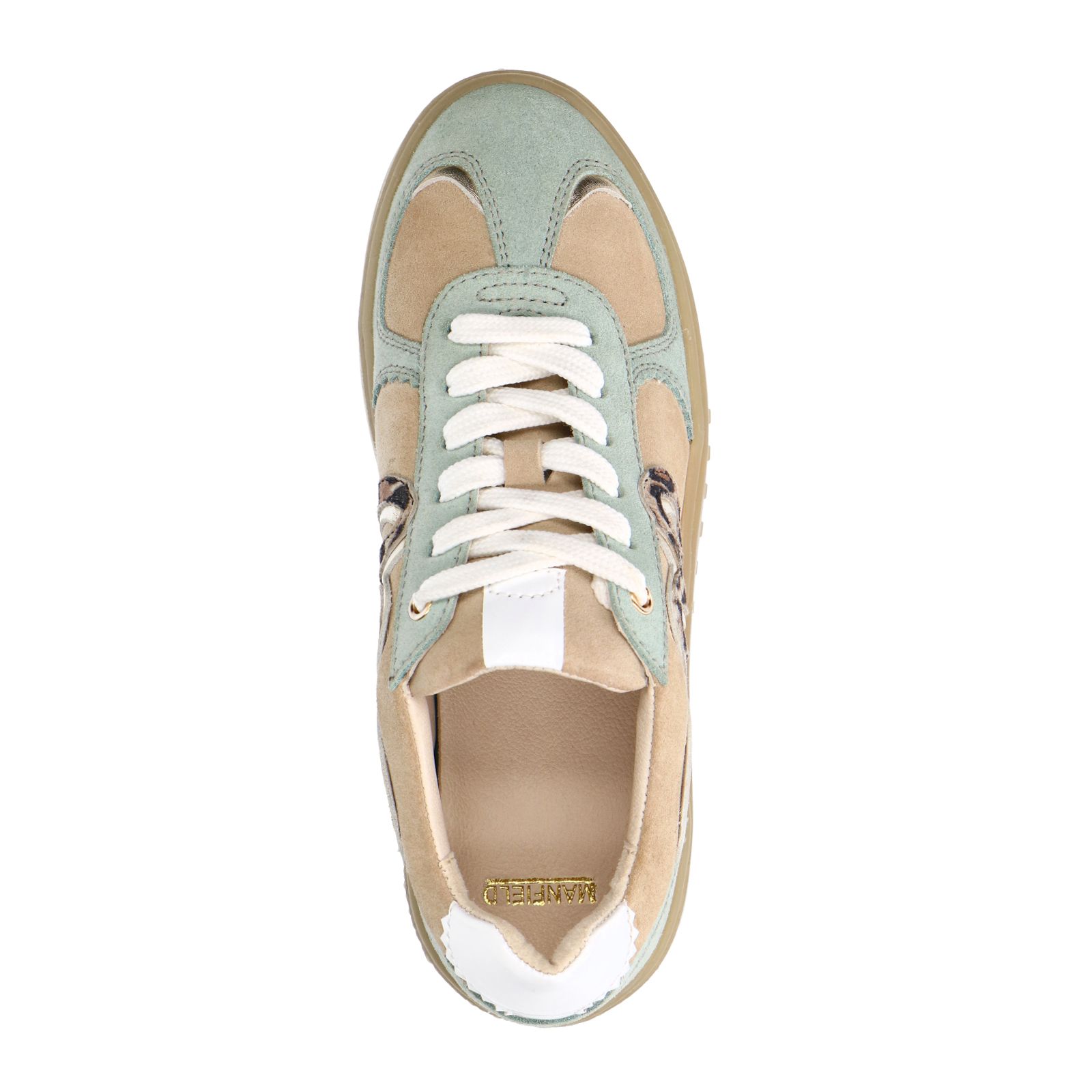 Beigefarbene Veloursleder-Sneaker mit mintgrünen Details