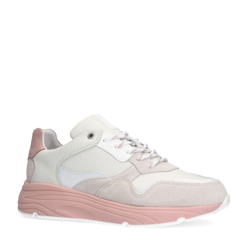 Witte leren sneakers met roze zool