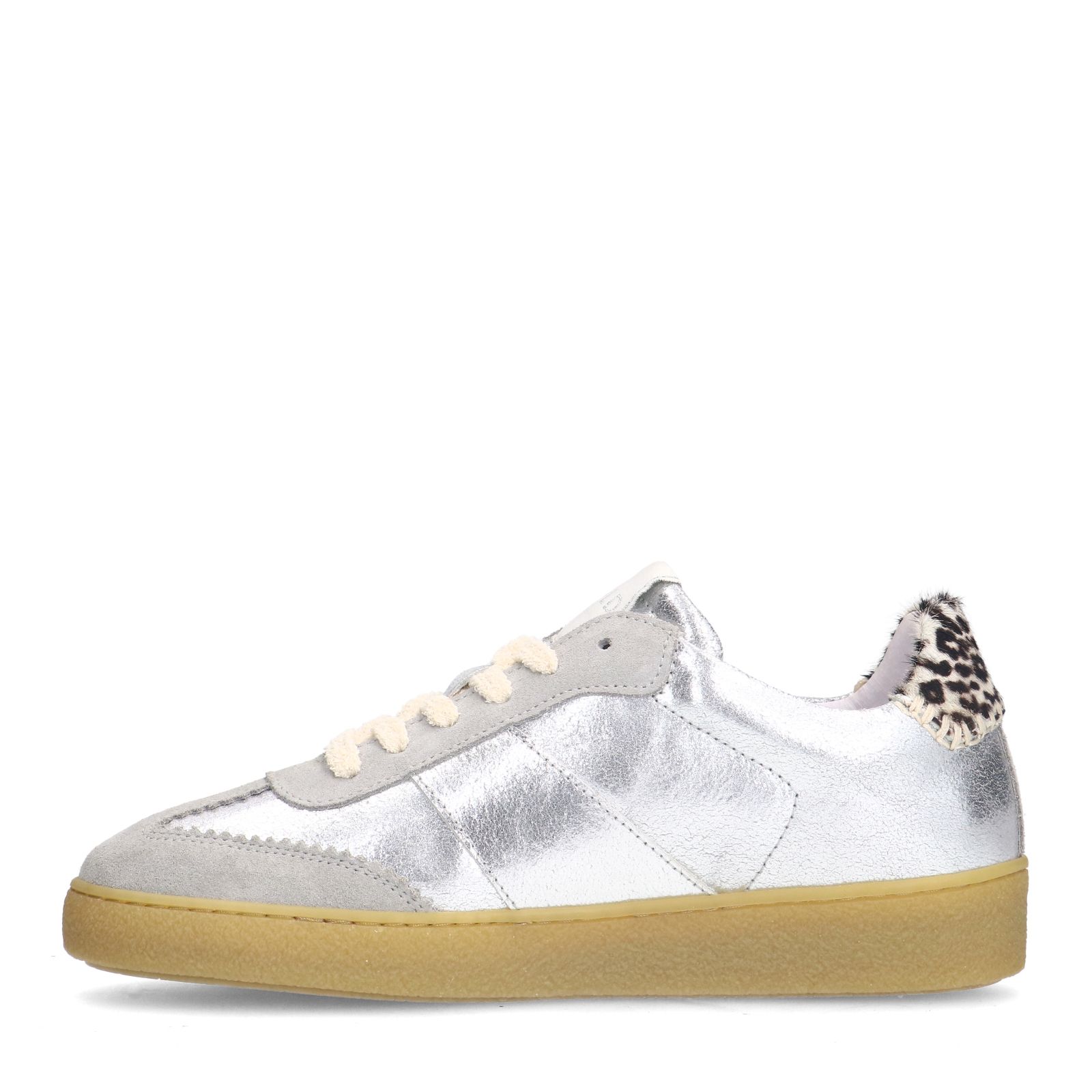 Silberfarbene Ledersneaker mit Leo-Details