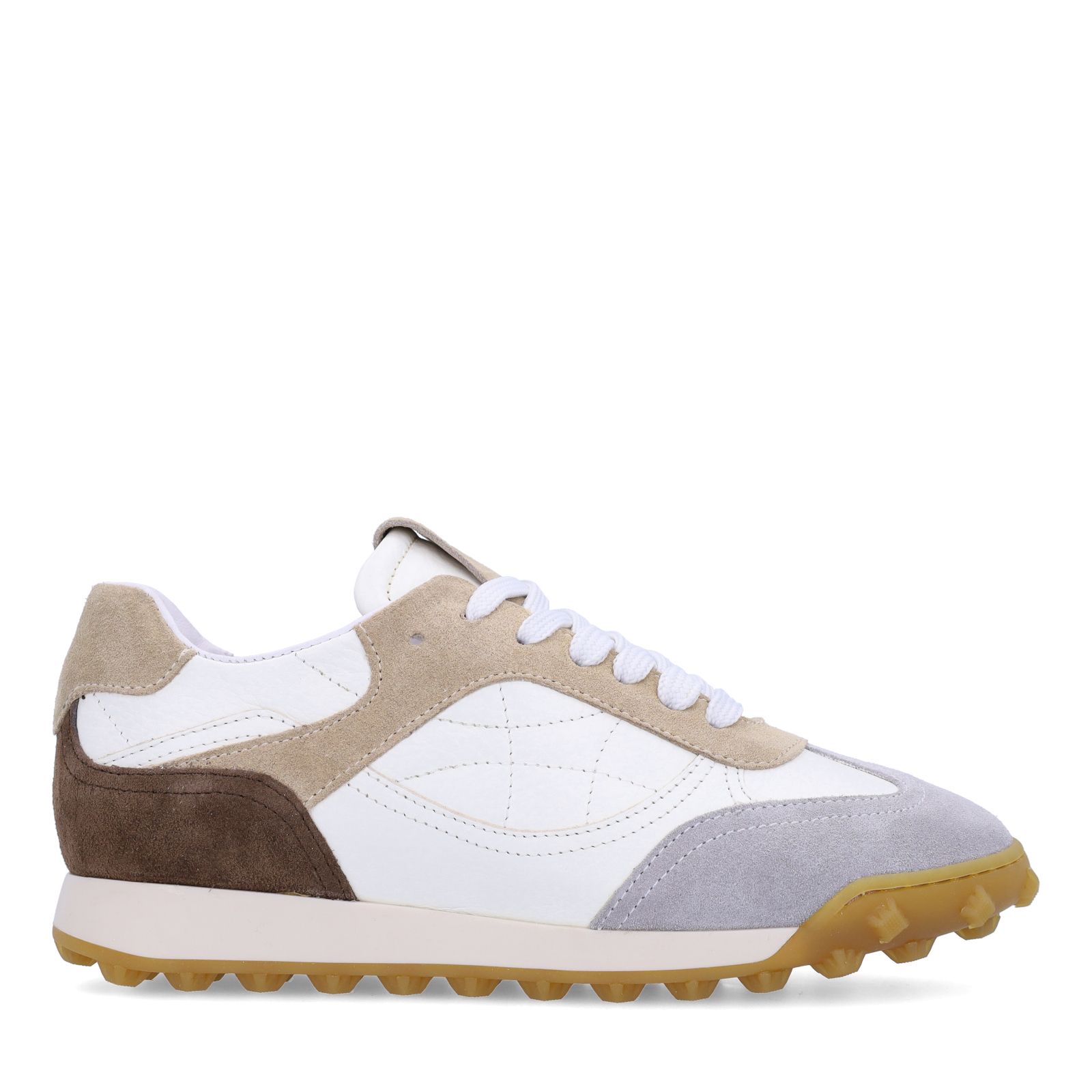 Weiße Ledersneaker mit taupefarbenen Veloursleder-Details