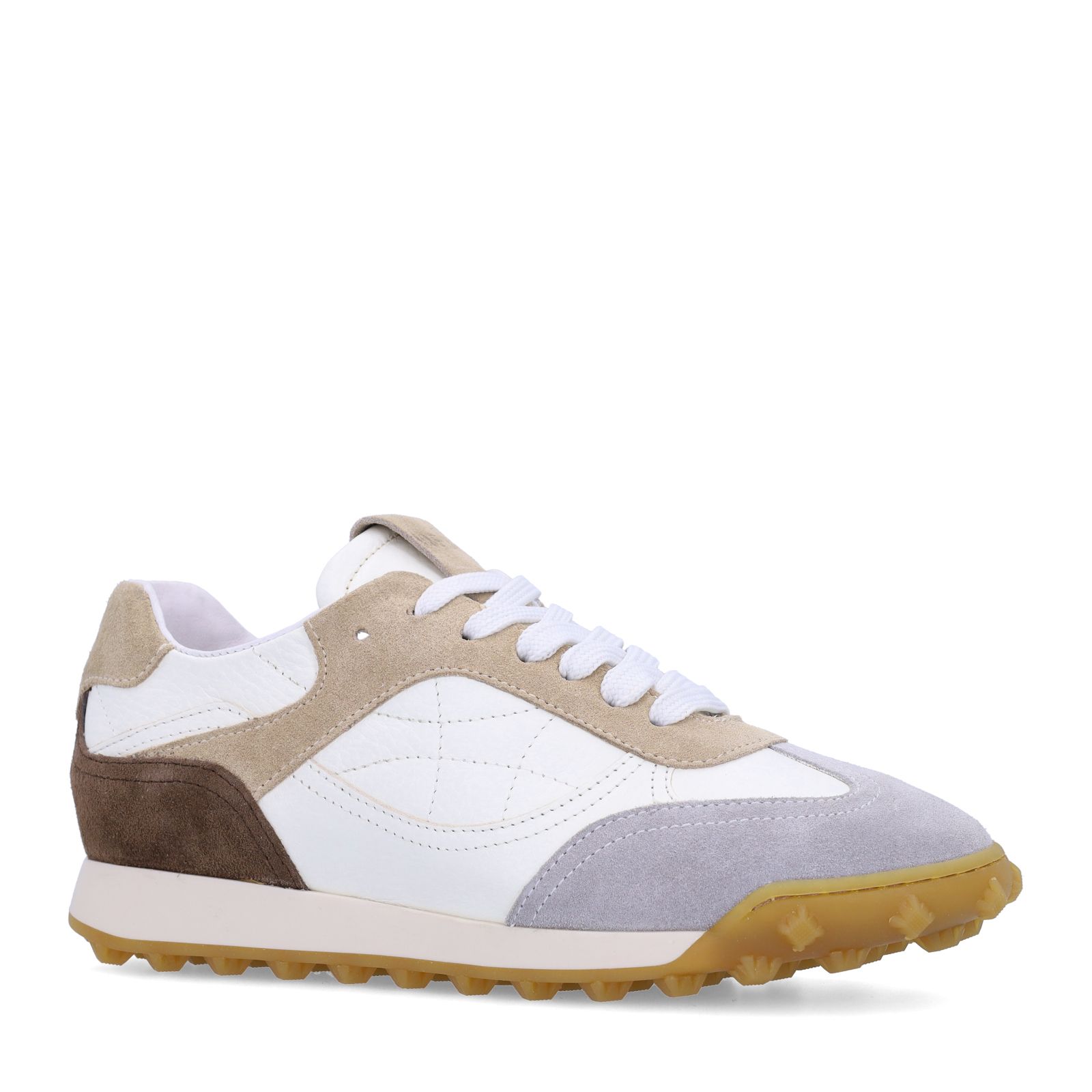 Weiße Ledersneaker mit taupefarbenen Veloursleder-Details