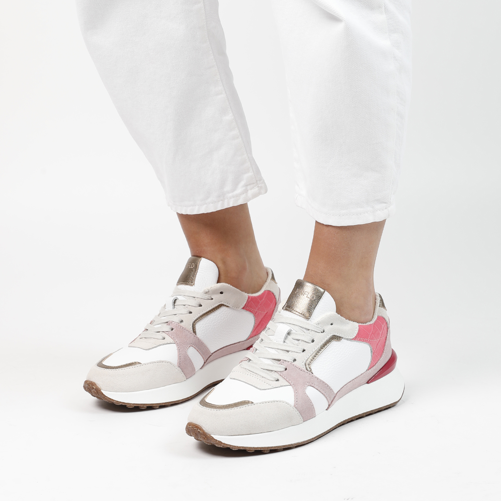 Witte leren sneakers met roze details Lage sneakers Manfield