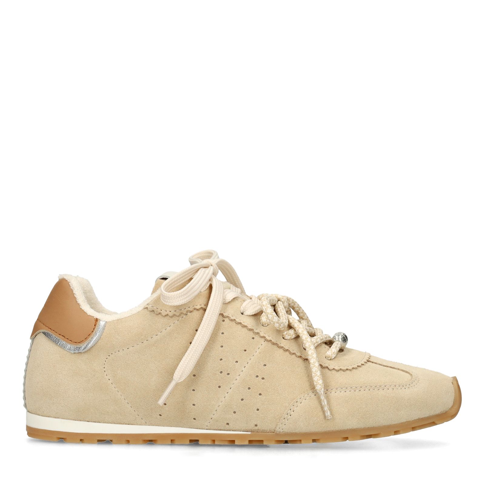 Beigefarbene Veloursleder-Sneaker mit zwei Schnürsenkeln