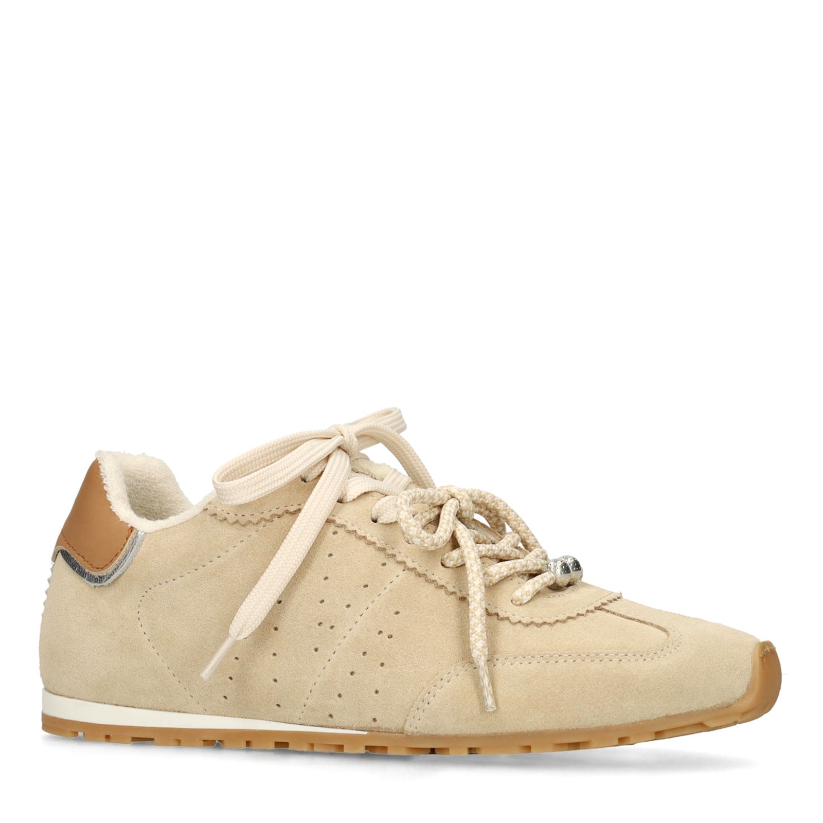 Beigefarbene Veloursleder-Sneaker mit zwei Schnürsenkeln