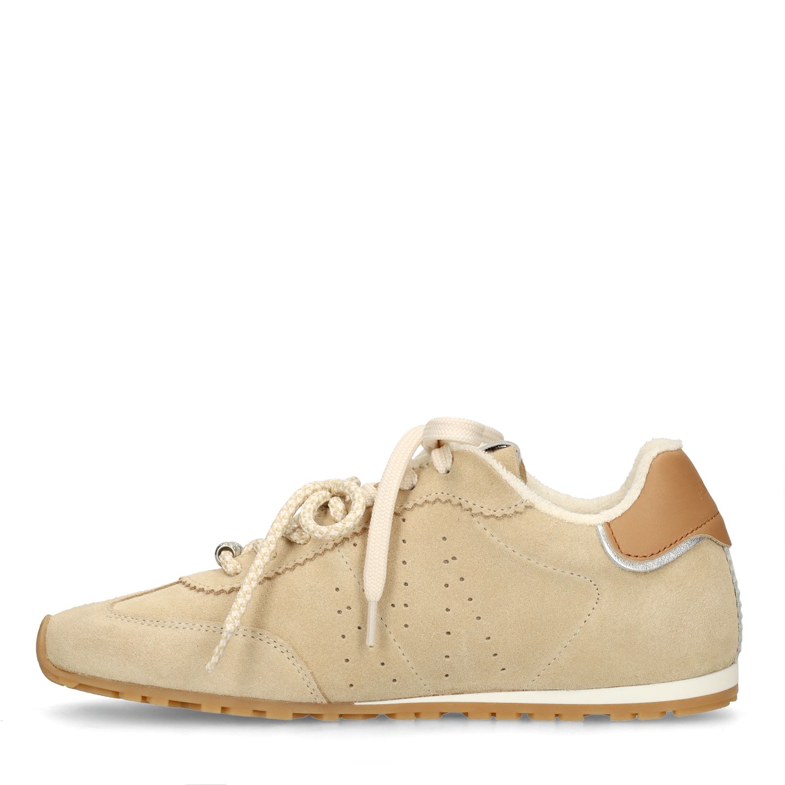 Beigefarbene Veloursleder-Sneaker mit zwei Schnürsenkeln