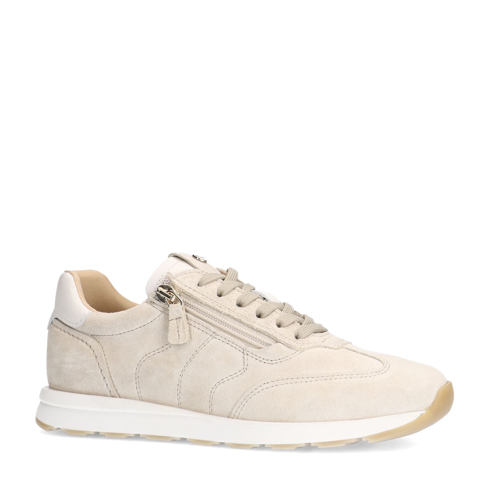 Beige suède sneakers met rits