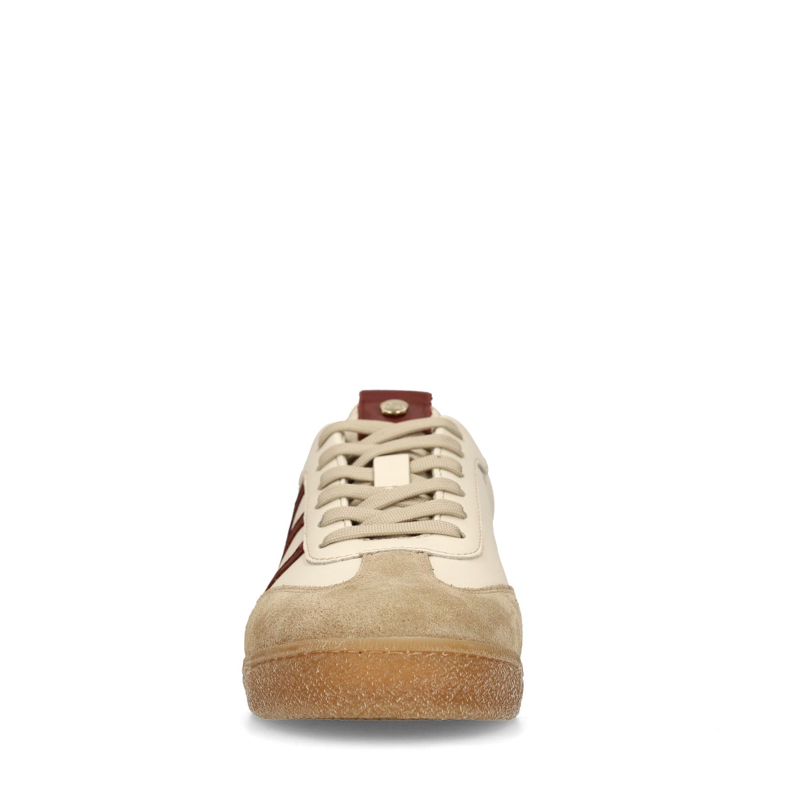 Beige sneakers met burgundy details
