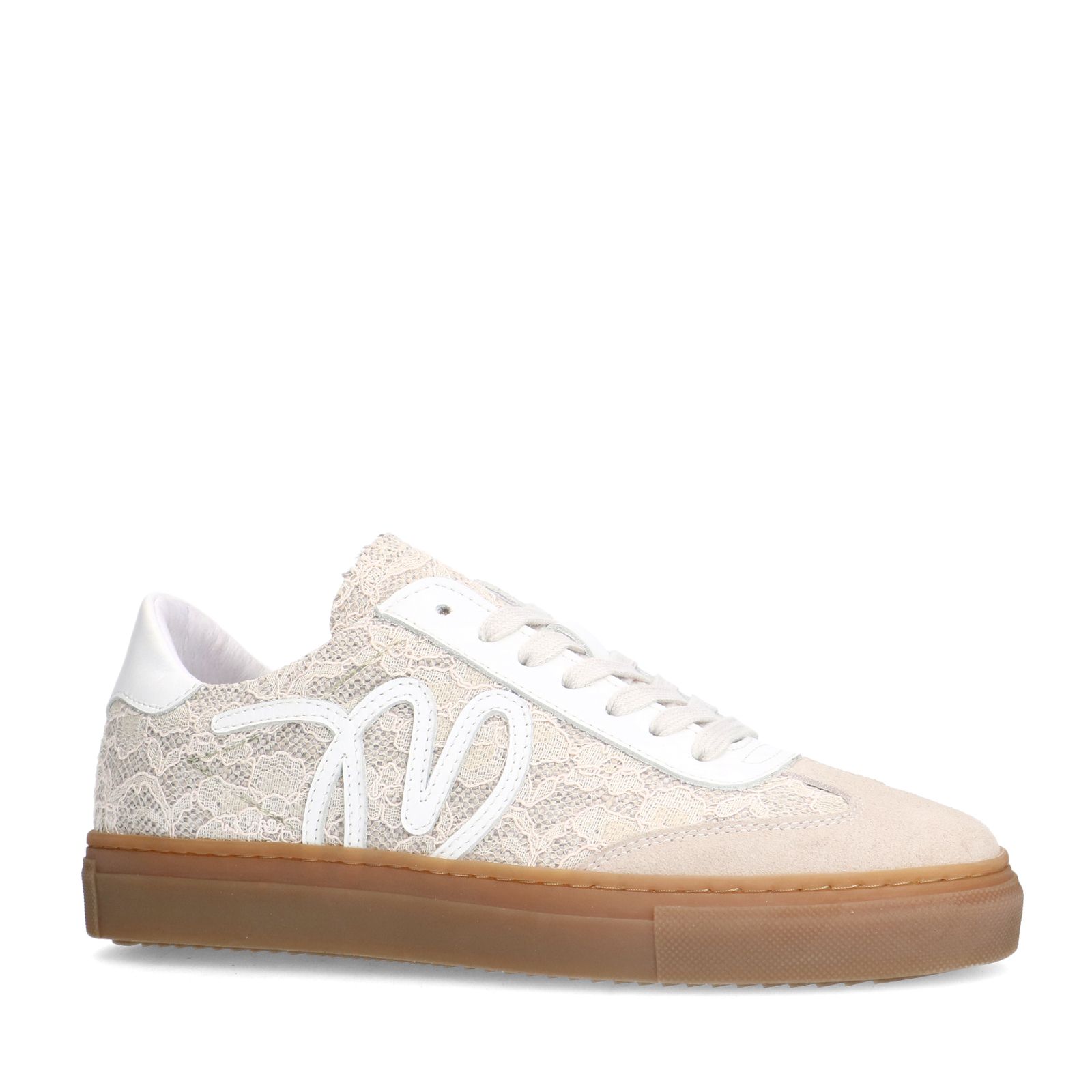 Beige leren sneakers met kanten details