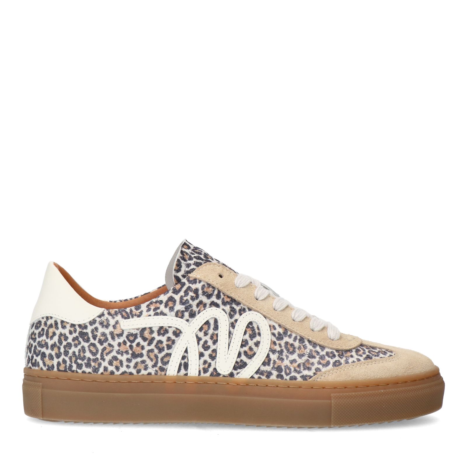 Beigefarbene Veloursleder-Sneaker mit Leoprint