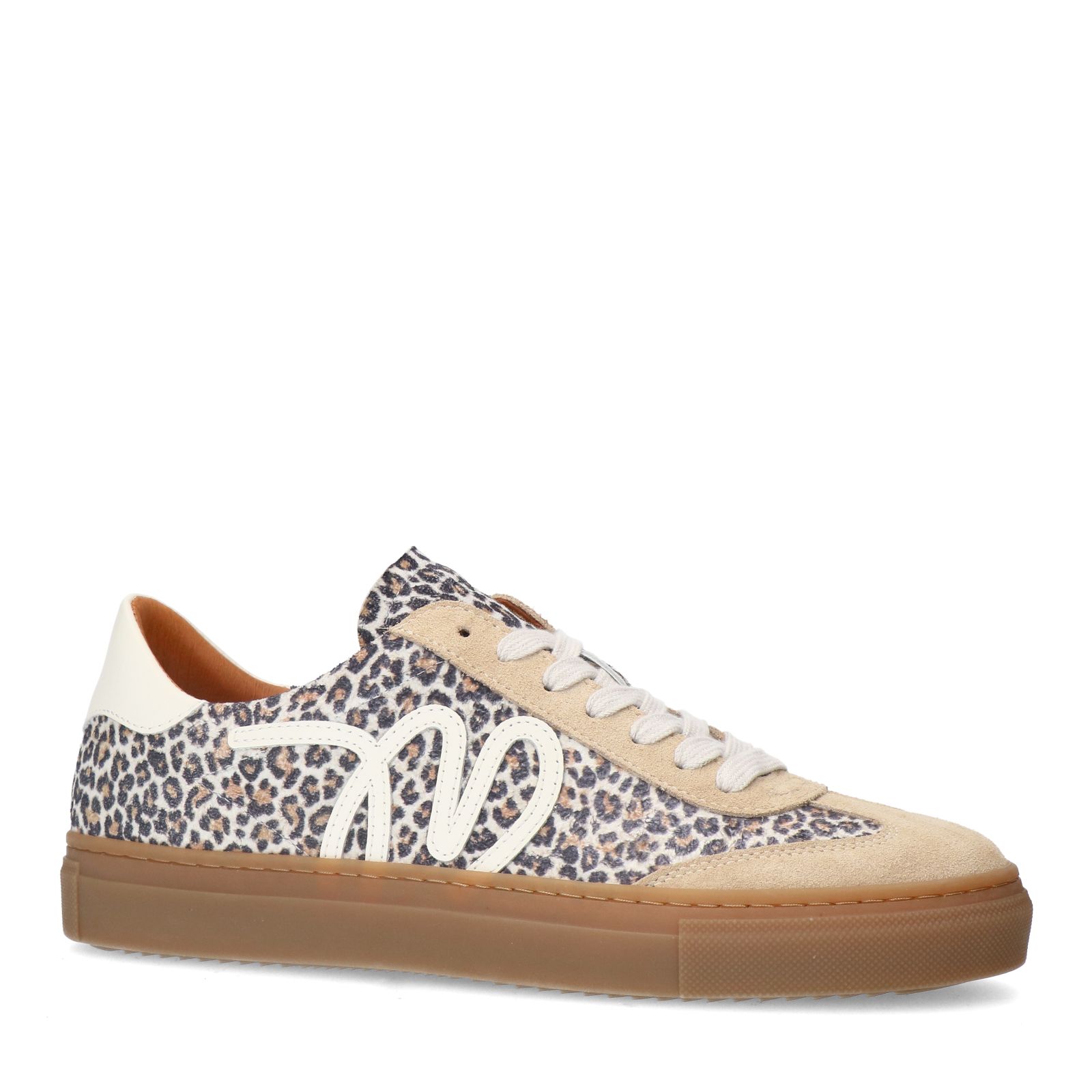 Beigefarbene Veloursleder-Sneaker mit Leoprint