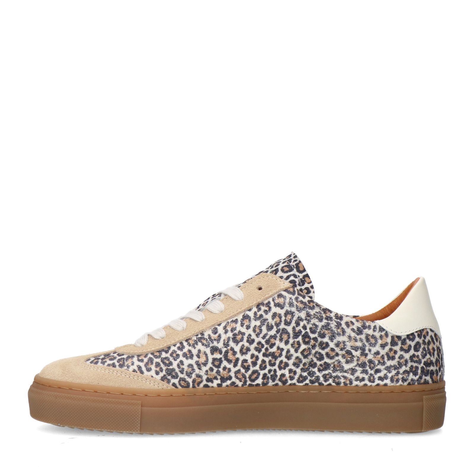 Beigefarbene Veloursleder-Sneaker mit Leoprint