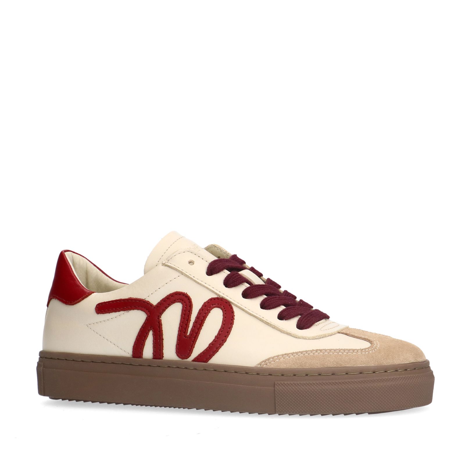 Beigefarbene Ledersneaker mit bordeauxroten Details