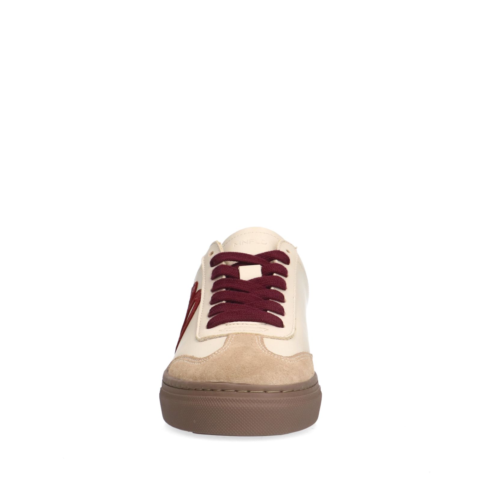 Beigefarbene Ledersneaker mit bordeauxroten Details