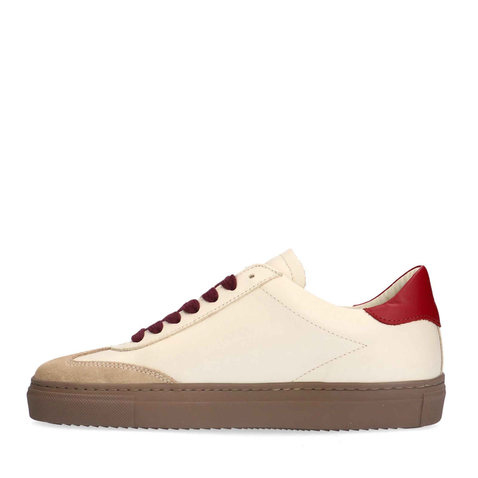 Beigefarbene Ledersneaker mit bordeauxroten Details