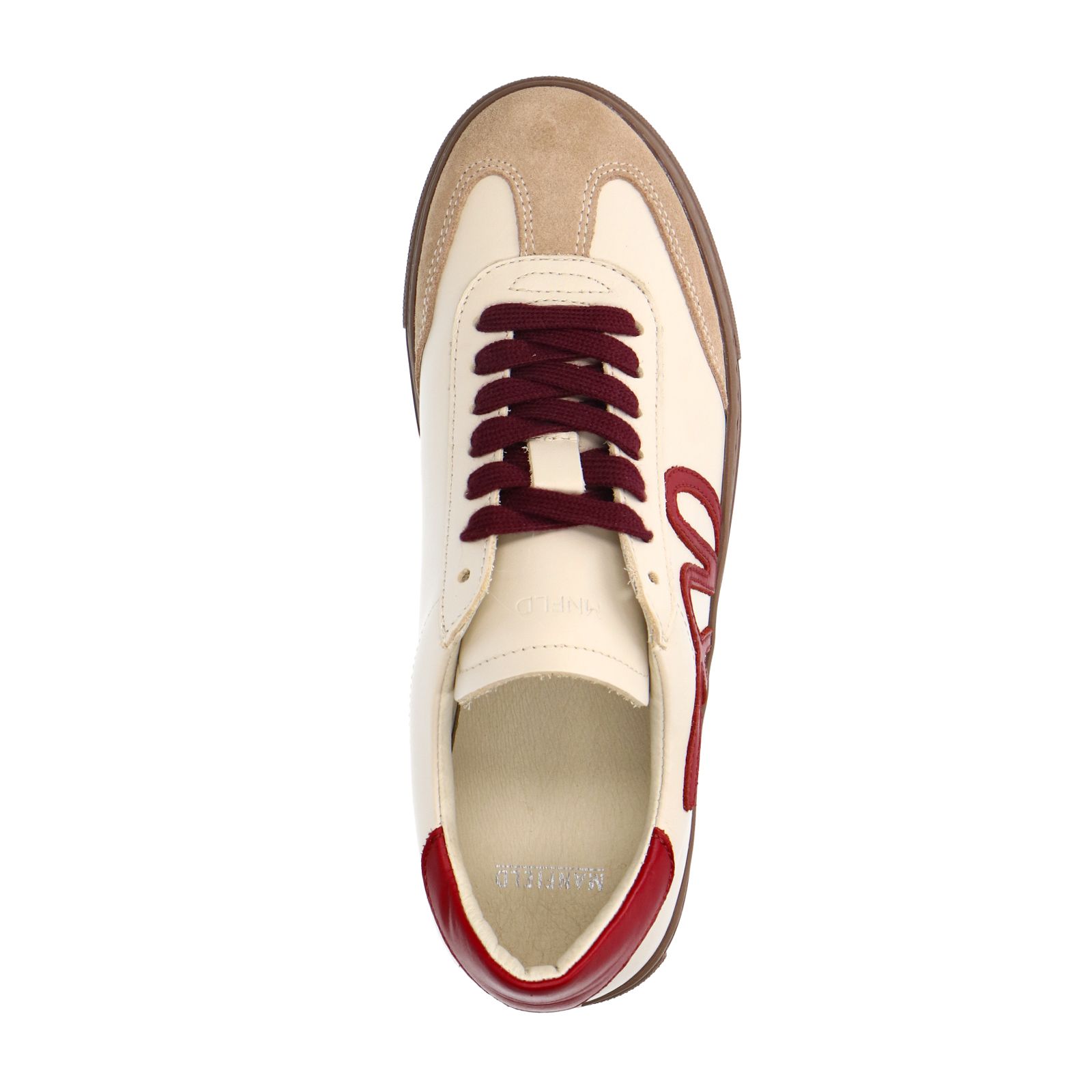 Beigefarbene Ledersneaker mit bordeauxroten Details