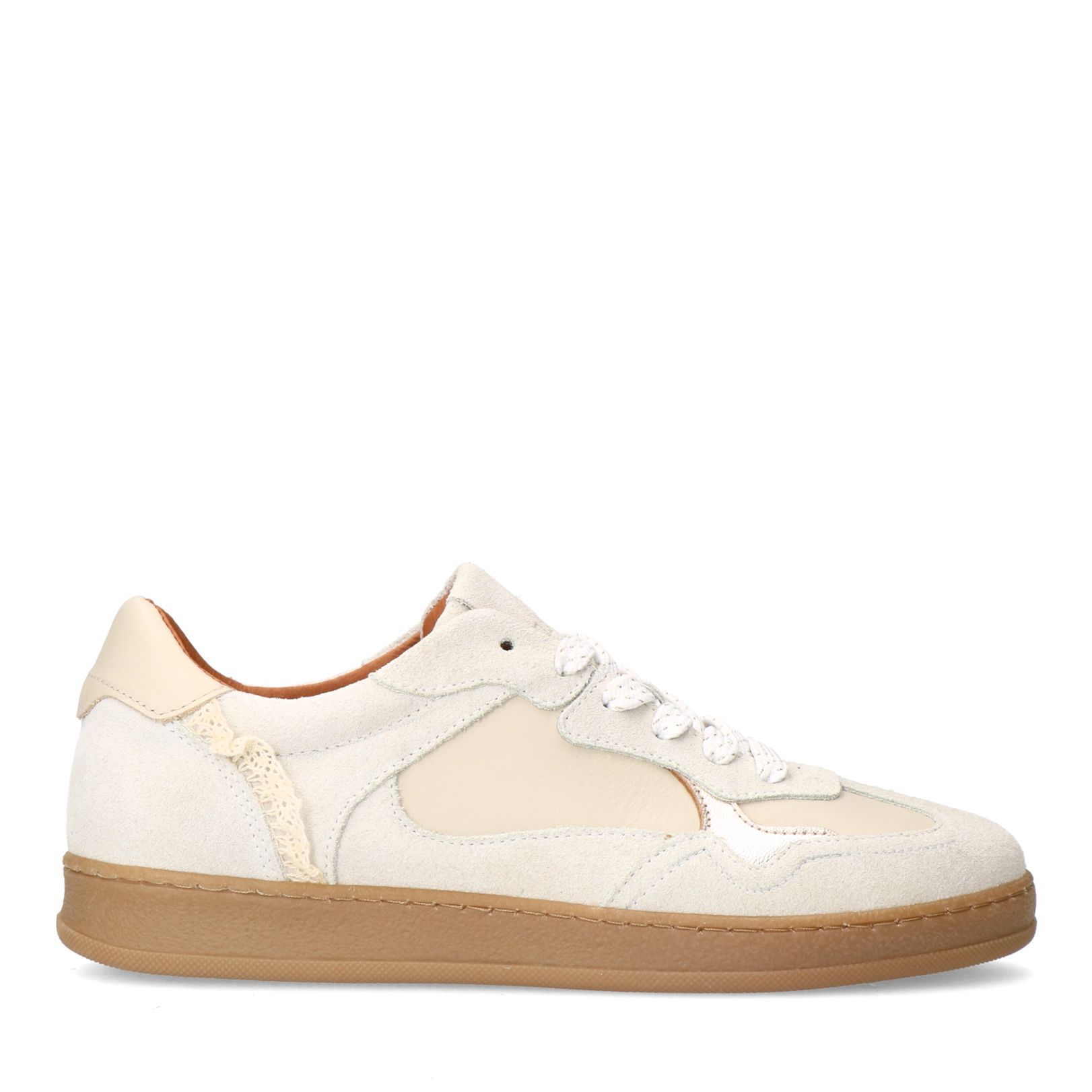 Beigefarbene Ledersneaker mit Veloursleder-Details